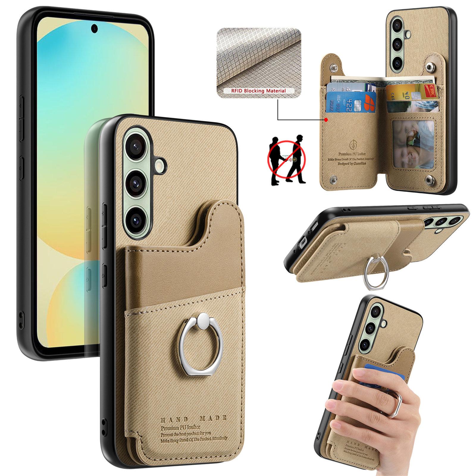 For Galaxy S24 FE 5G Twill Fabric Ring Multi-card Wallet Vegan Leather Phone Case(Khaki) - Shopkiz.com