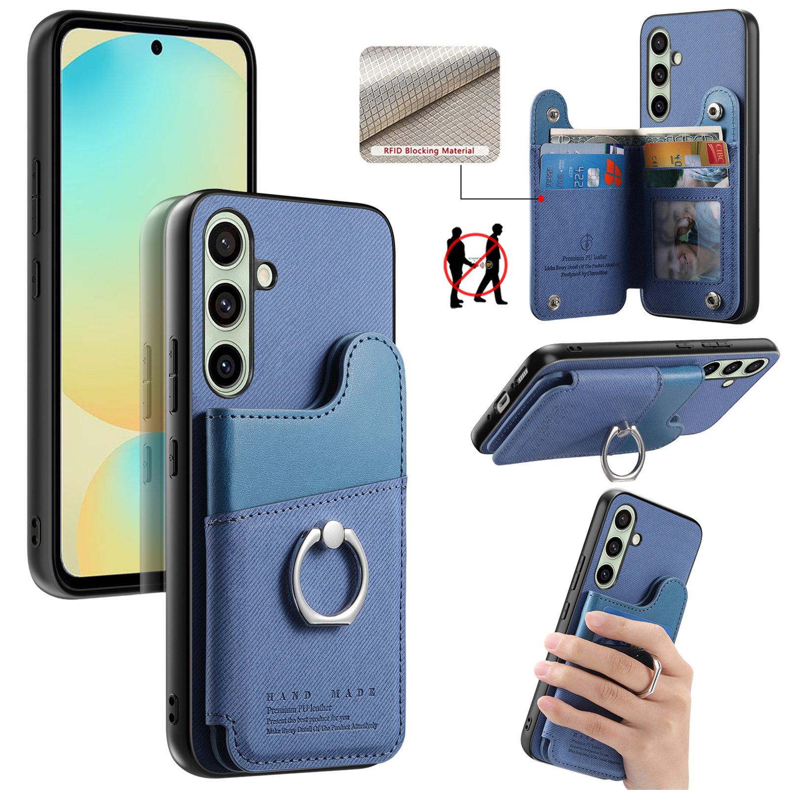 For Galaxy S24 FE 5G Twill Fabric Ring Multi-card Wallet Vegan Leather Phone Case(Blue) - Shopkiz.com