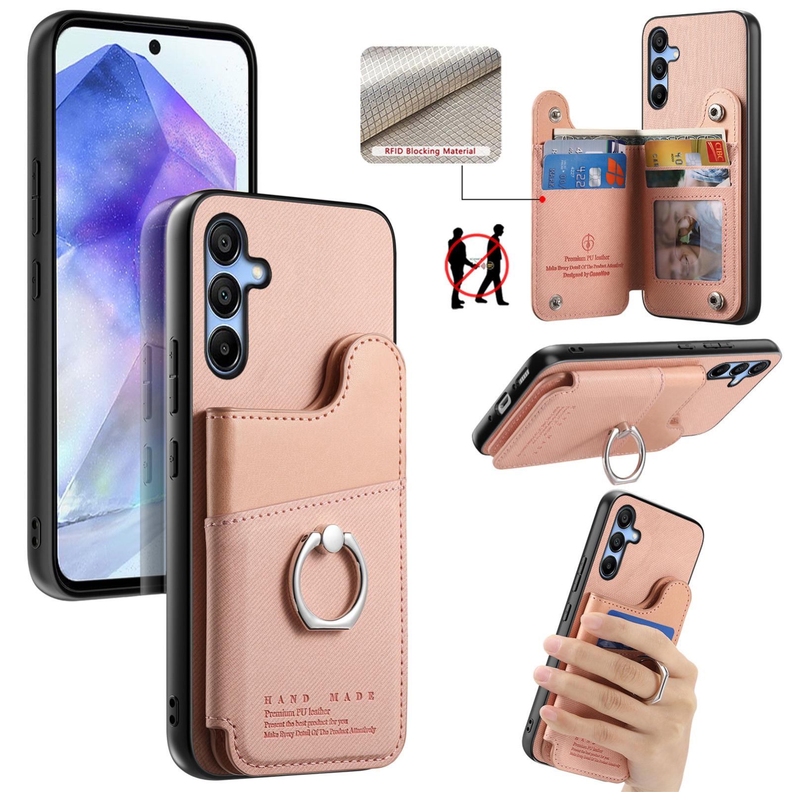 For Galaxy A55 5G Twill Fabric Ring Multi-card Wallet Vegan Leather Phone Case(Pink) - Shopkiz.com