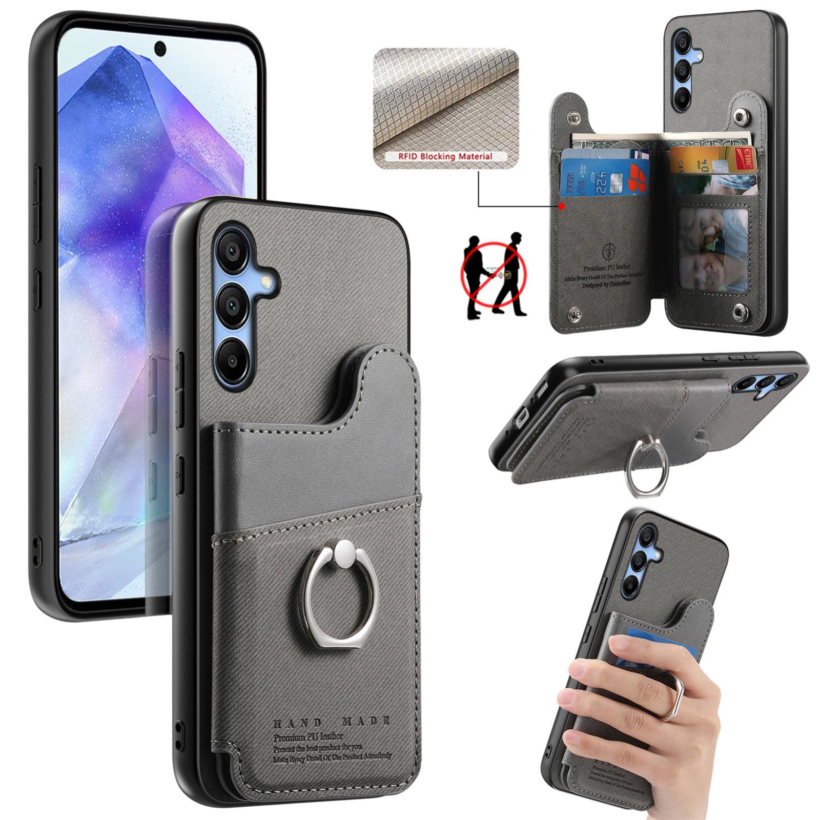 For Galaxy A55 5G Twill Fabric Ring Multi-card Wallet Vegan Leather Phone Case(Gray) - Shopkiz.com