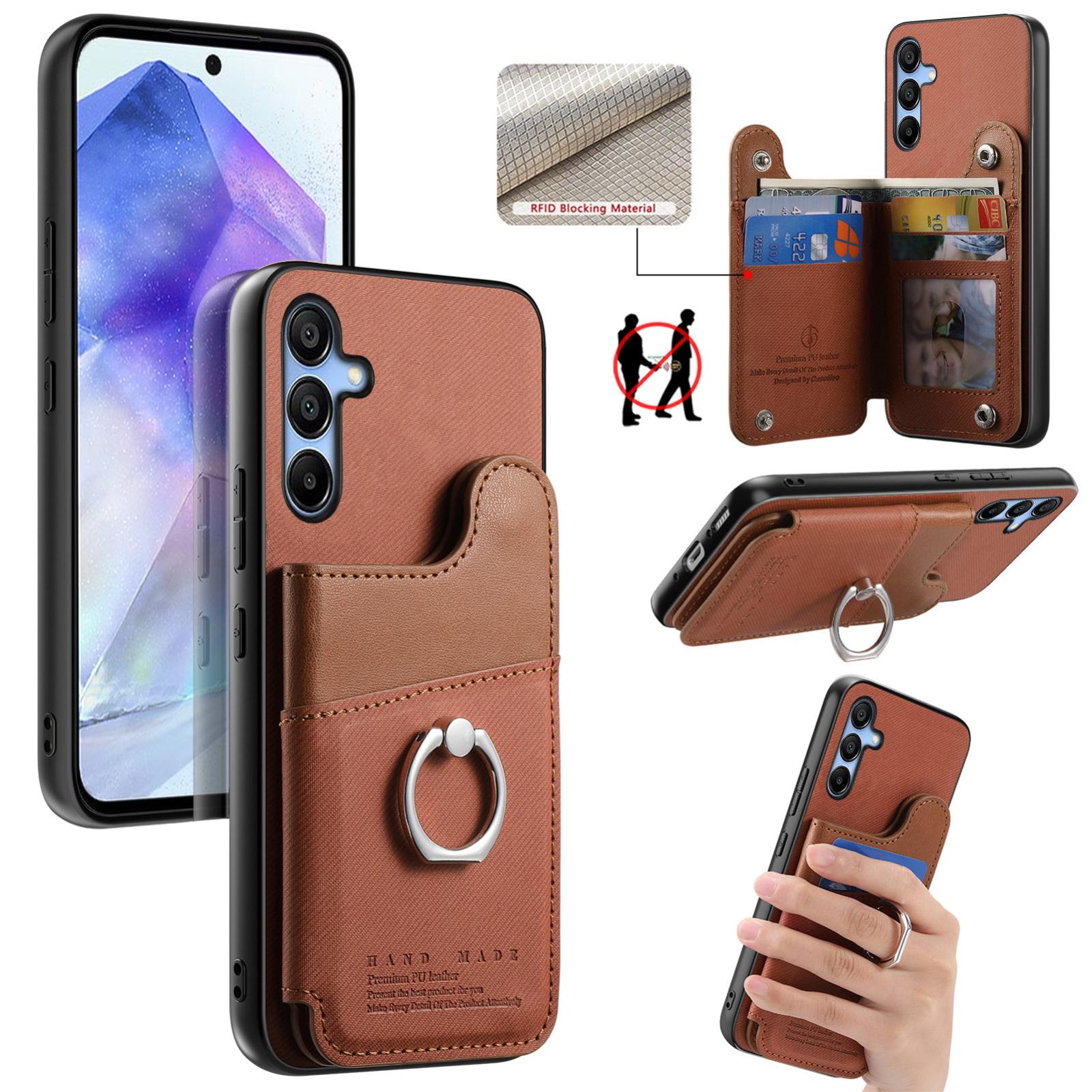 For Galaxy A55 5G Twill Fabric Ring Multi-card Wallet Vegan Leather Phone Case(Brown) - Shopkiz.com