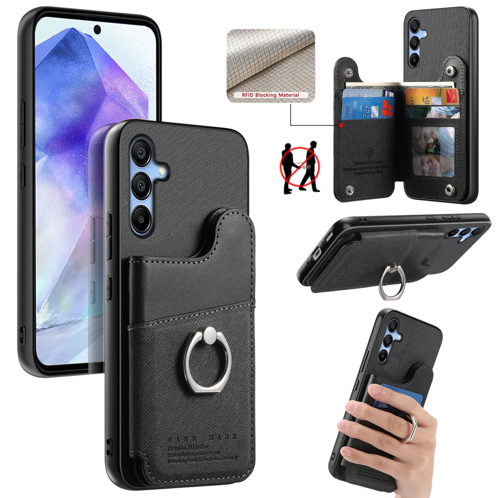 For Galaxy A55 5G Twill Fabric Ring Multi-card Wallet Vegan Leather Phone Case(Black) - Shopkiz.com