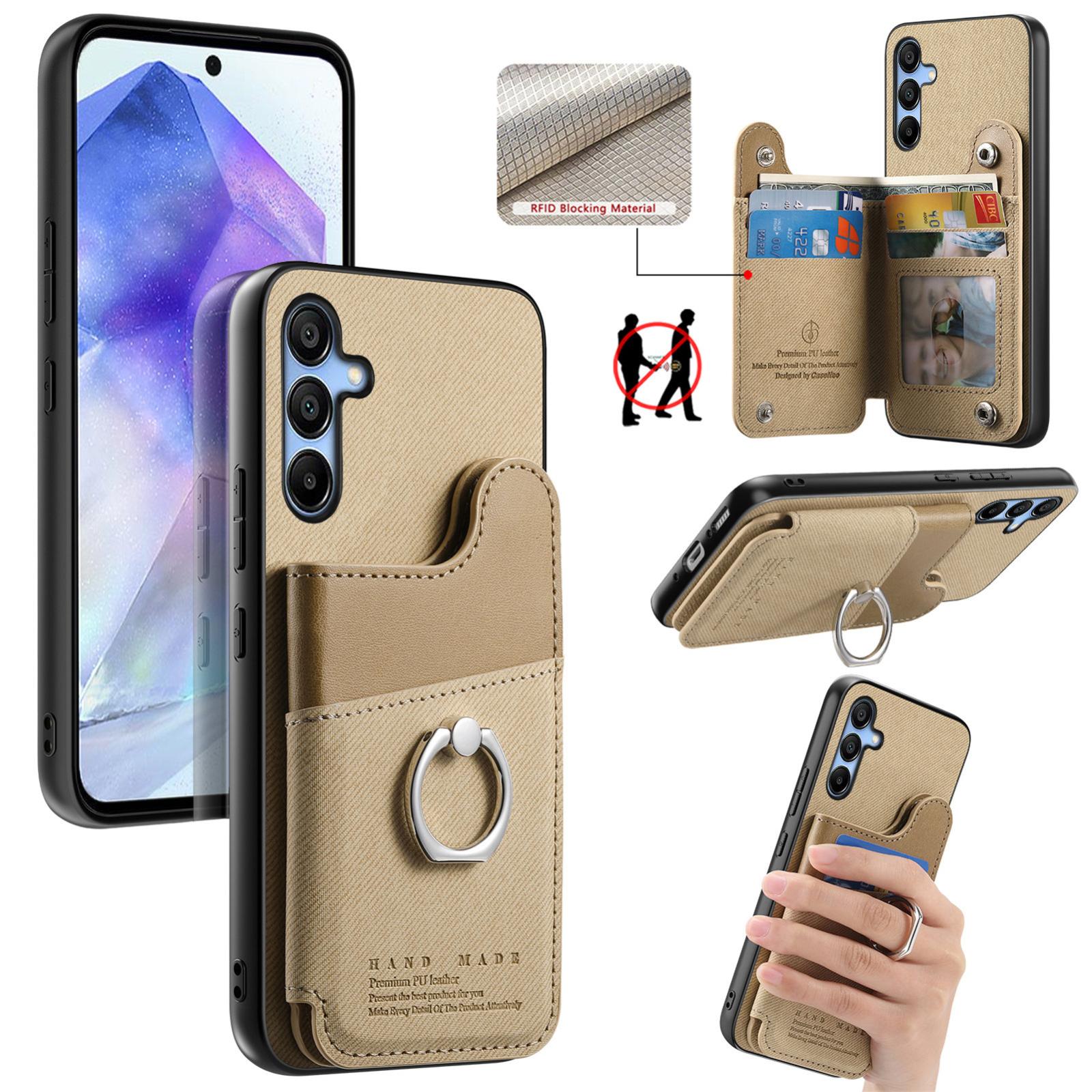 For Galaxy A55 5G Twill Fabric Ring Multi-card Wallet Vegan Leather Phone Case(Khaki) - Shopkiz.com