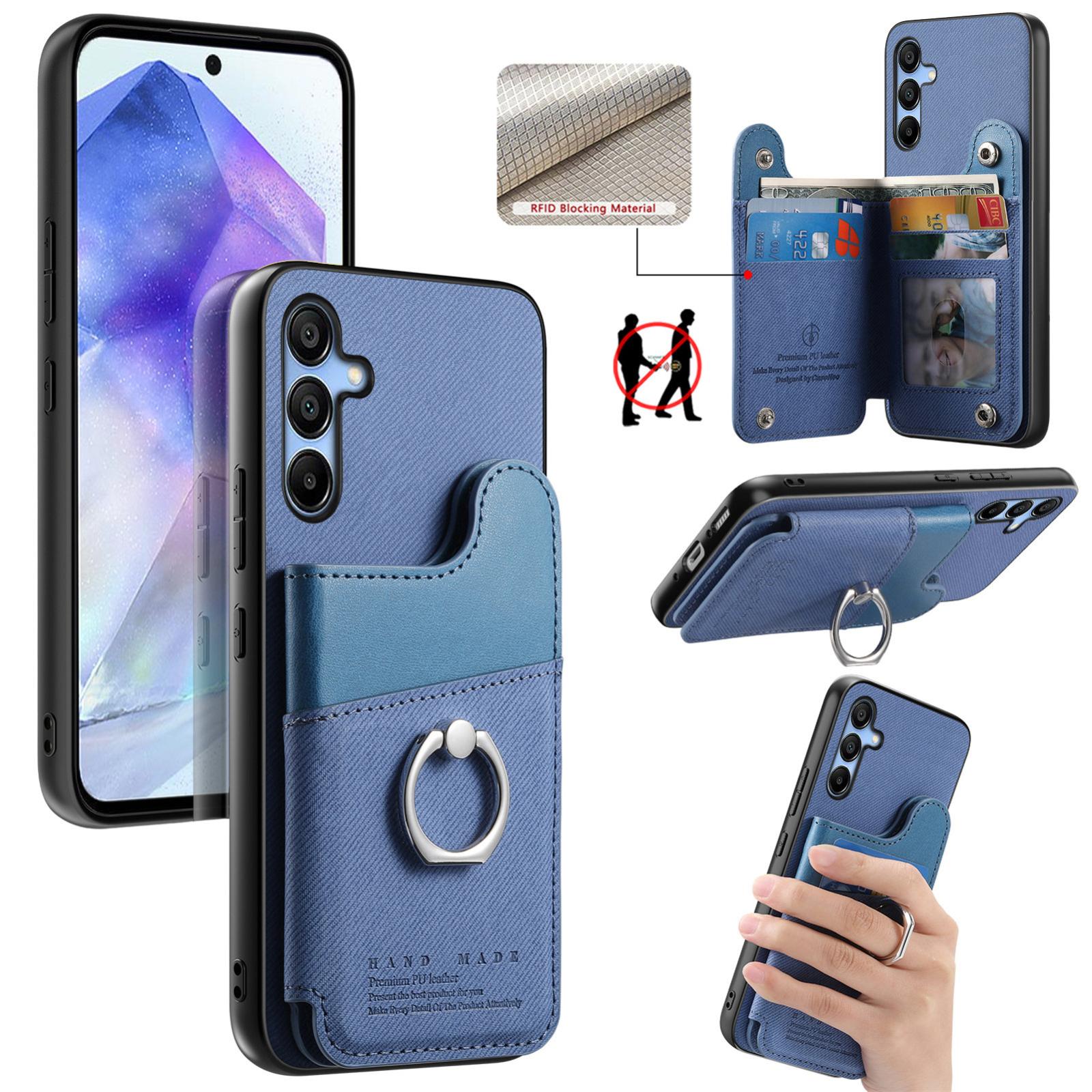 For Galaxy A55 5G Twill Fabric Ring Multi-card Wallet Vegan Leather Phone Case(Blue) - Shopkiz.com