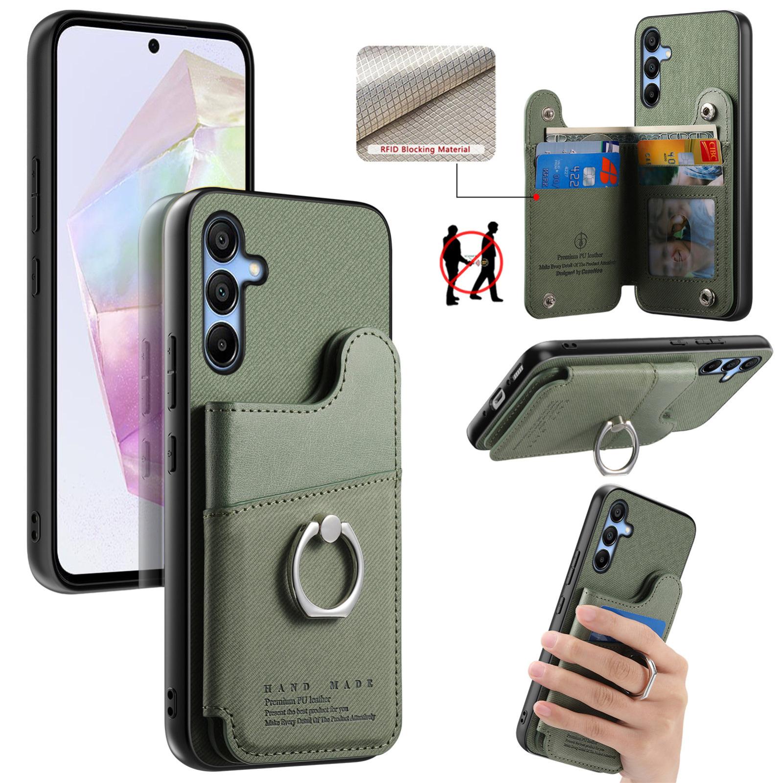 For Galaxy A35 5G Twill Fabric Ring Multi-card Wallet Vegan Leather Phone Case(Green) - Shopkiz.com