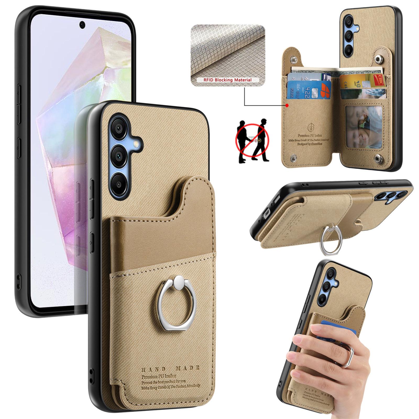 For Galaxy A35 5G Twill Fabric Ring Multi-card Wallet Vegan Leather Phone Case(Khaki) - Shopkiz.com