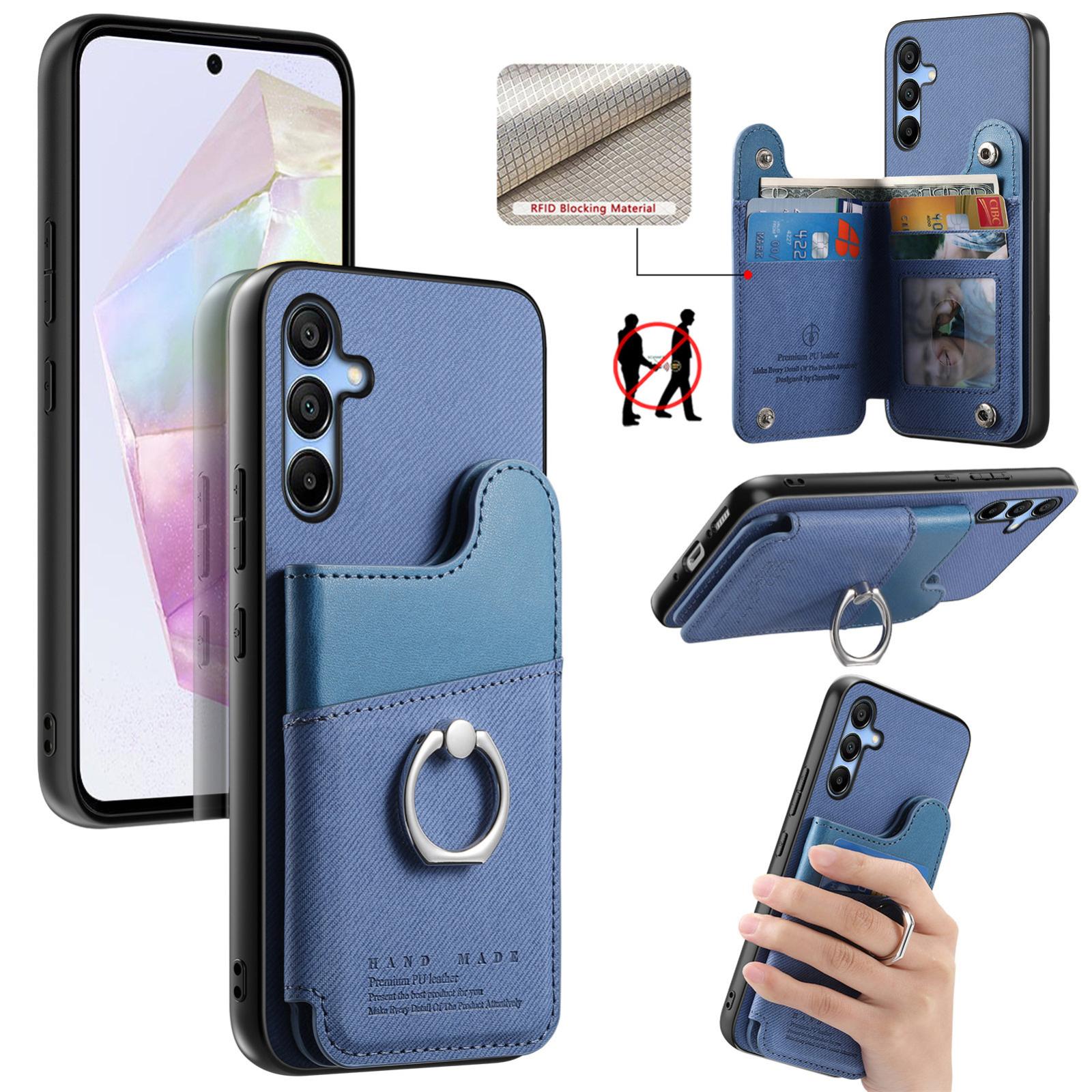 For Galaxy A35 5G Twill Fabric Ring Multi-card Wallet Vegan Leather Phone Case(Blue) - Shopkiz.com