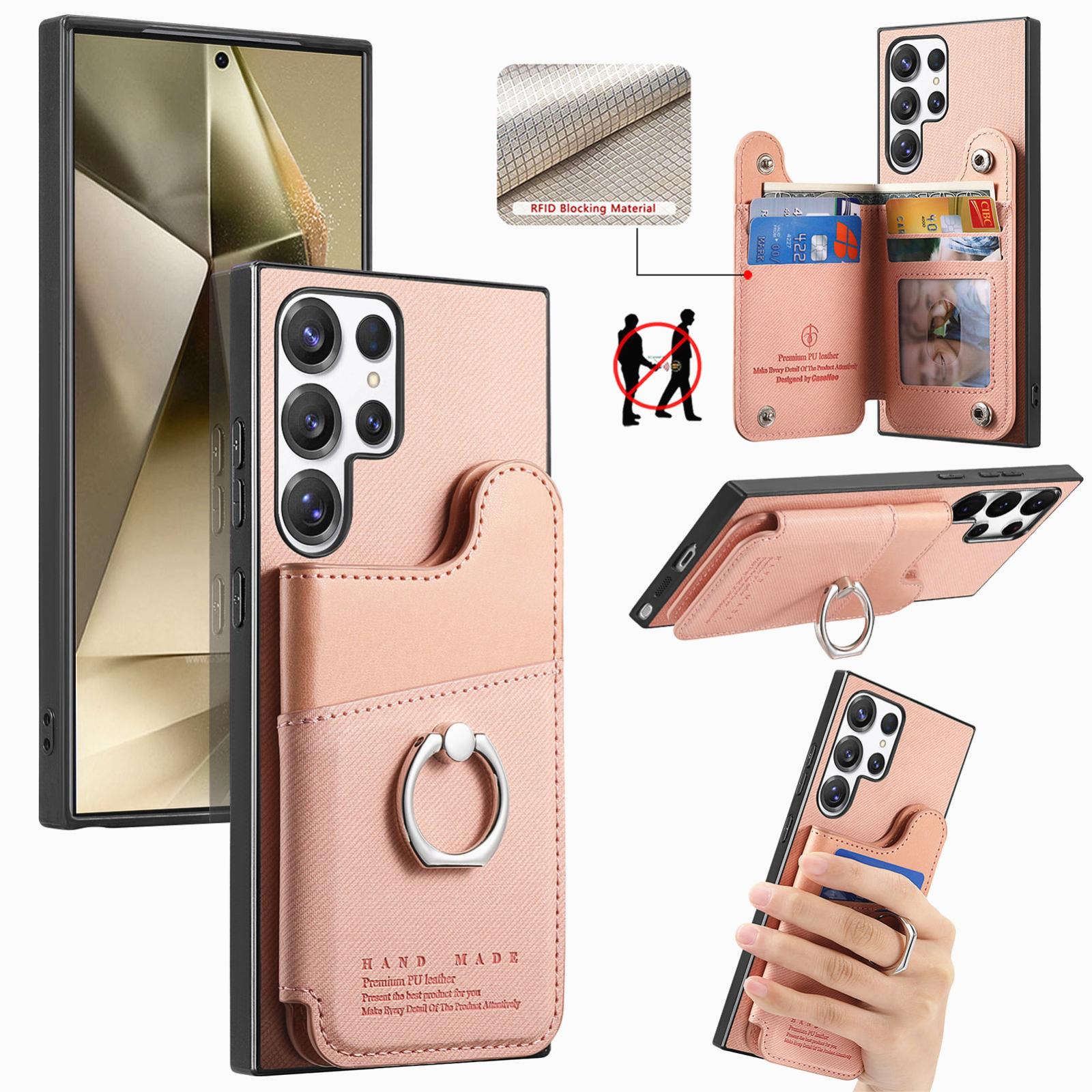 For Galaxy S24 Ultra 5G Twill Fabric Ring Multi-card Wallet Vegan Leather Phone Case(Pink) - Shopkiz.com