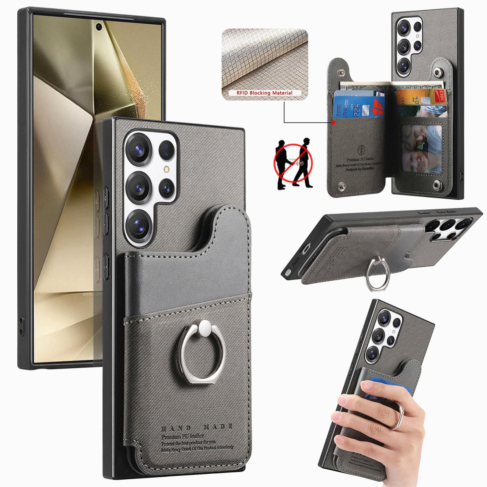 For Galaxy S24 Ultra 5G Twill Fabric Ring Multi-card Wallet Vegan Leather Phone Case(Gray) - Shopkiz.com