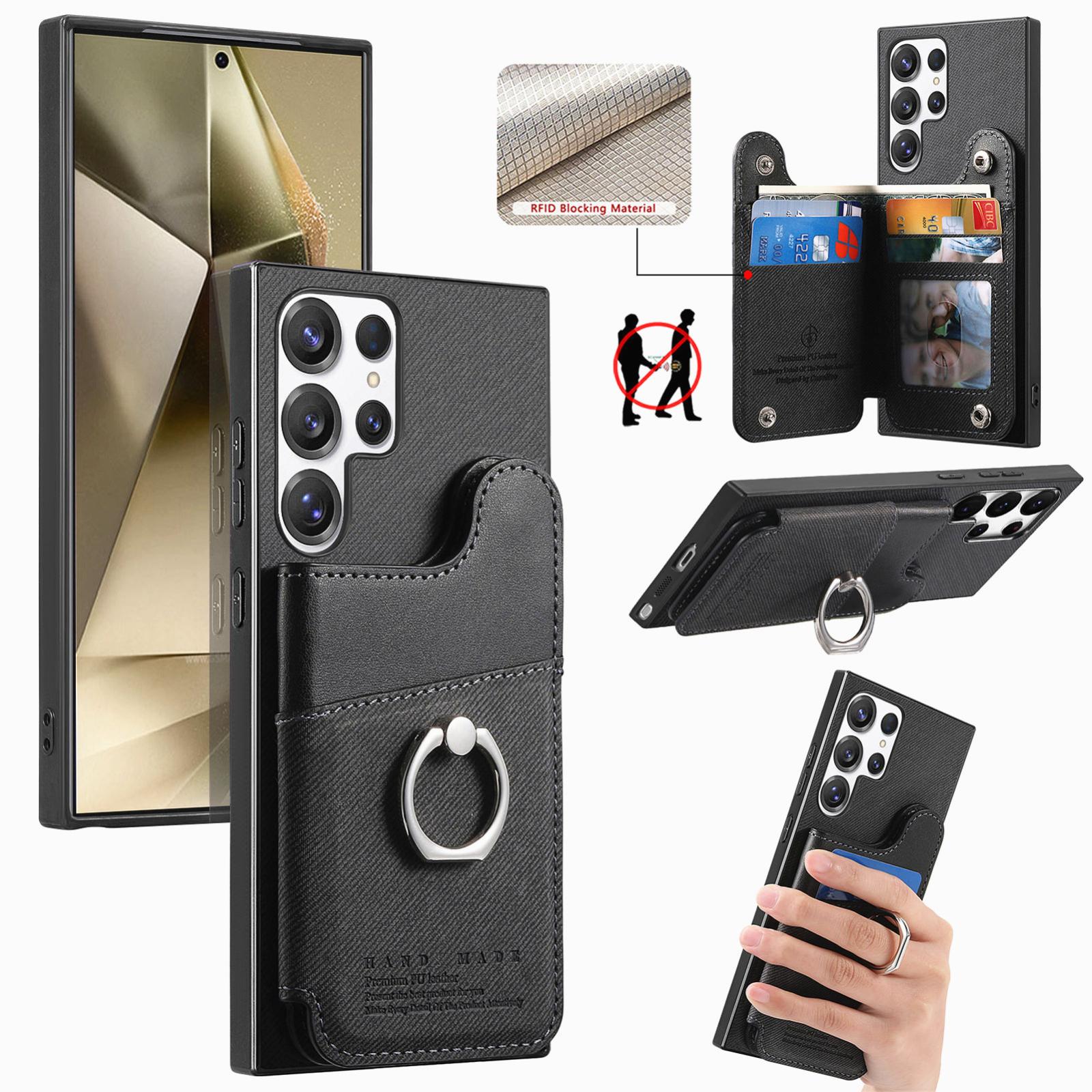 For Galaxy S24 Ultra 5G Twill Fabric Ring Multi-card Wallet Vegan Leather Phone Case(Black) - Shopkiz.com
