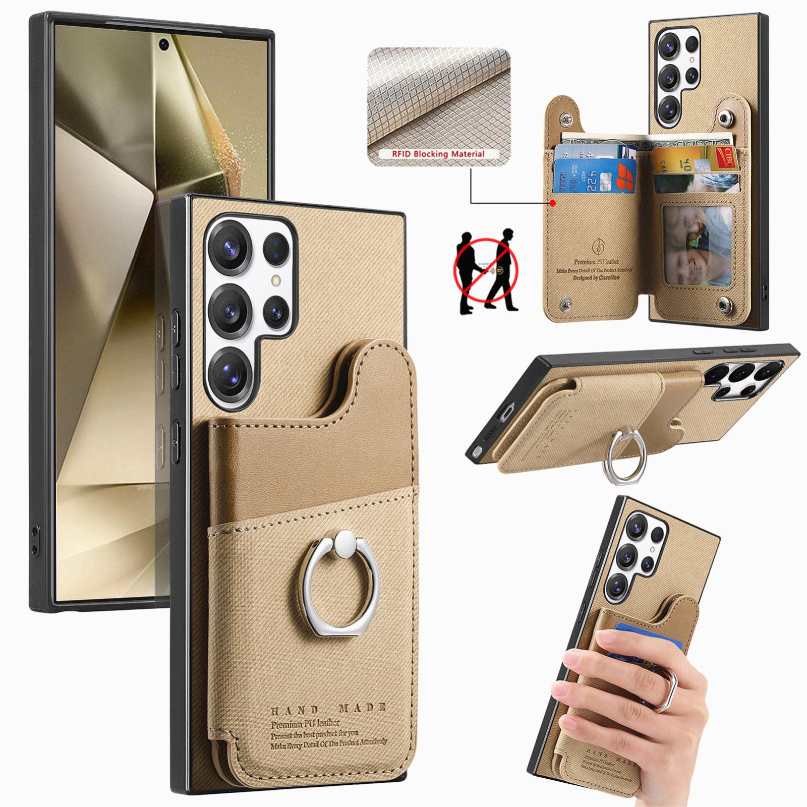 For Galaxy S24 Ultra 5G Twill Fabric Ring Multi-card Wallet Vegan Leather Phone Case(Khaki) - Shopkiz.com