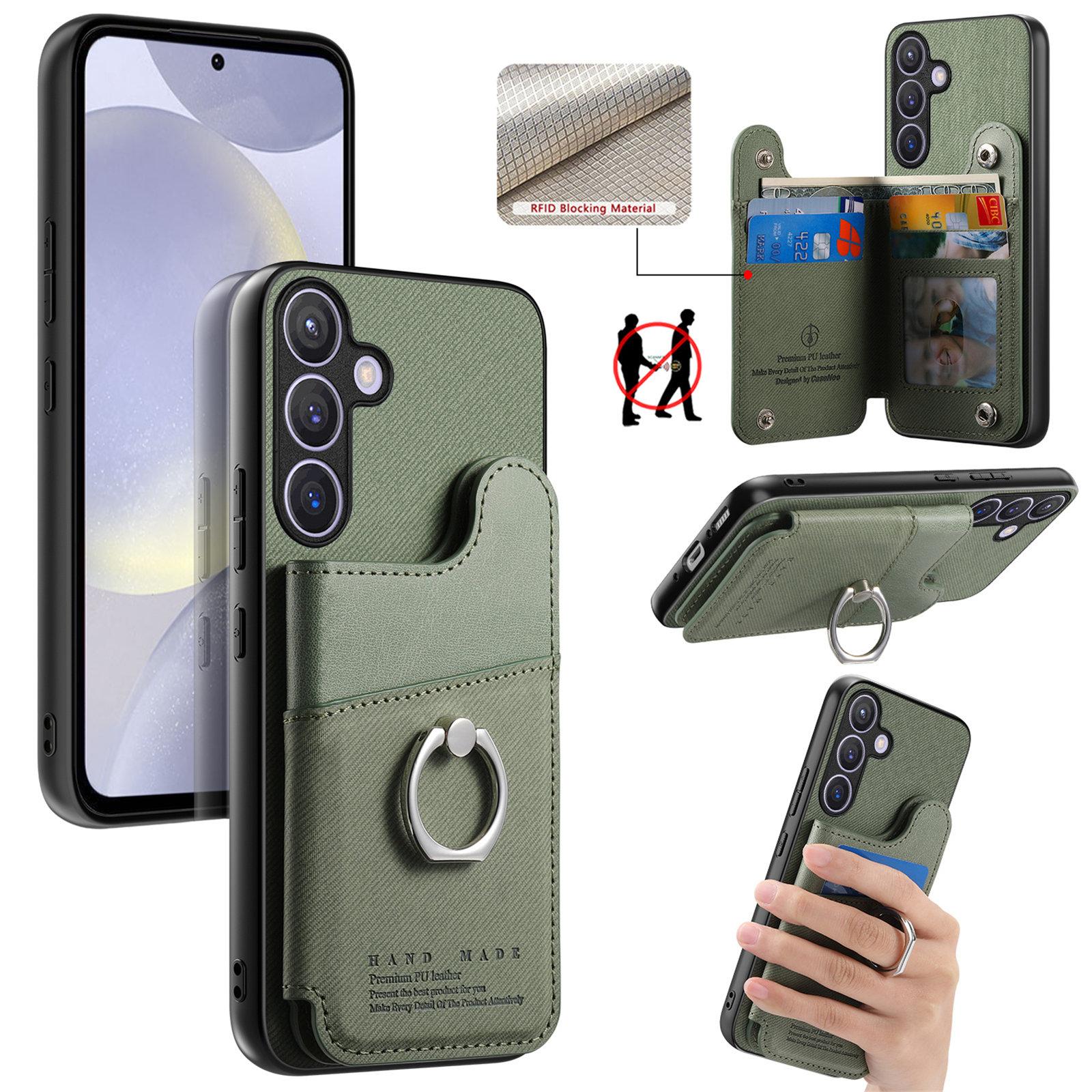 For Galaxy S24+ 5G Twill Fabric Ring Multi-card Wallet Vegan Leather Phone Case(Green) - Shopkiz.com