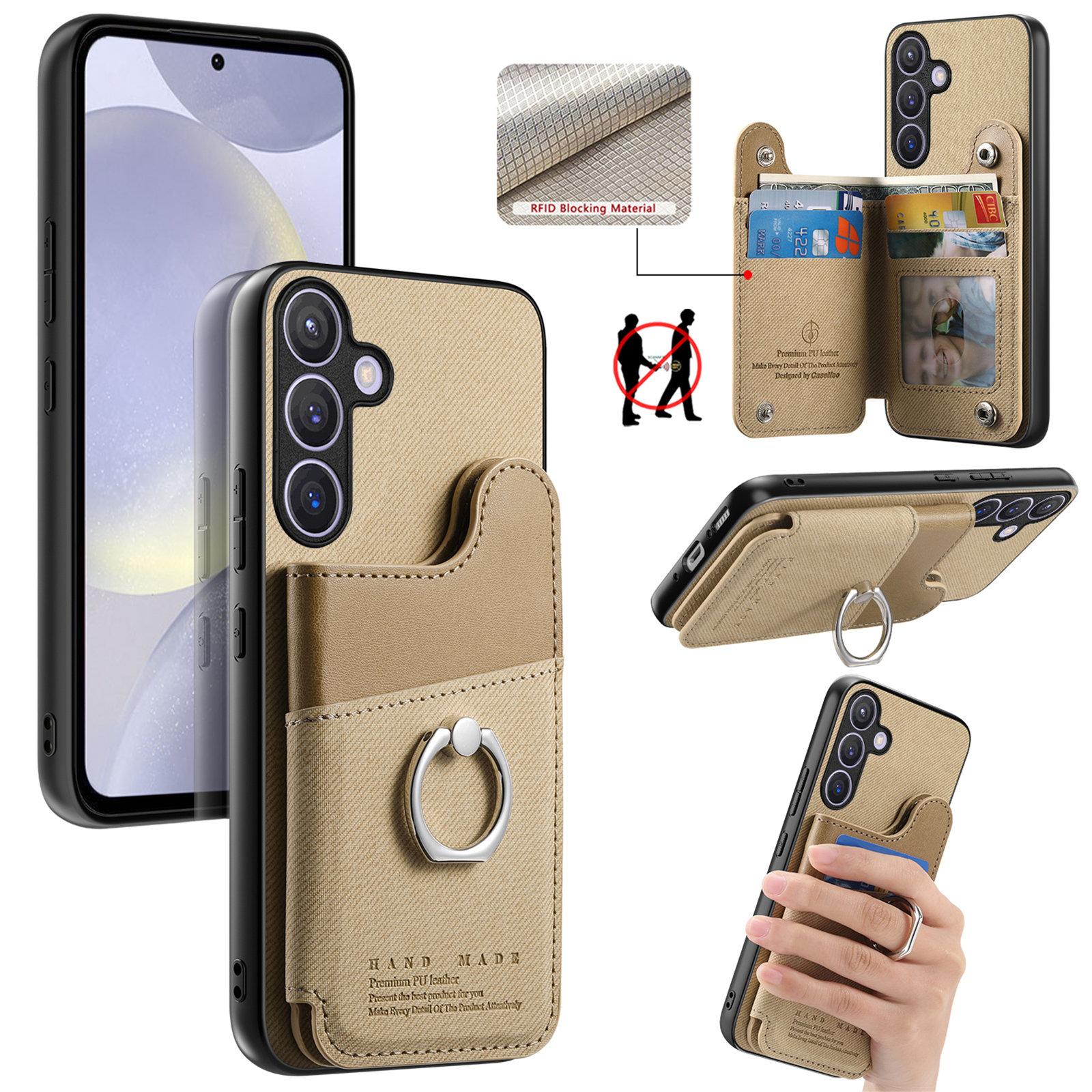 For Galaxy S24+ 5G Twill Fabric Ring Multi-card Wallet Vegan Leather Phone Case(Khaki) - Shopkiz.com