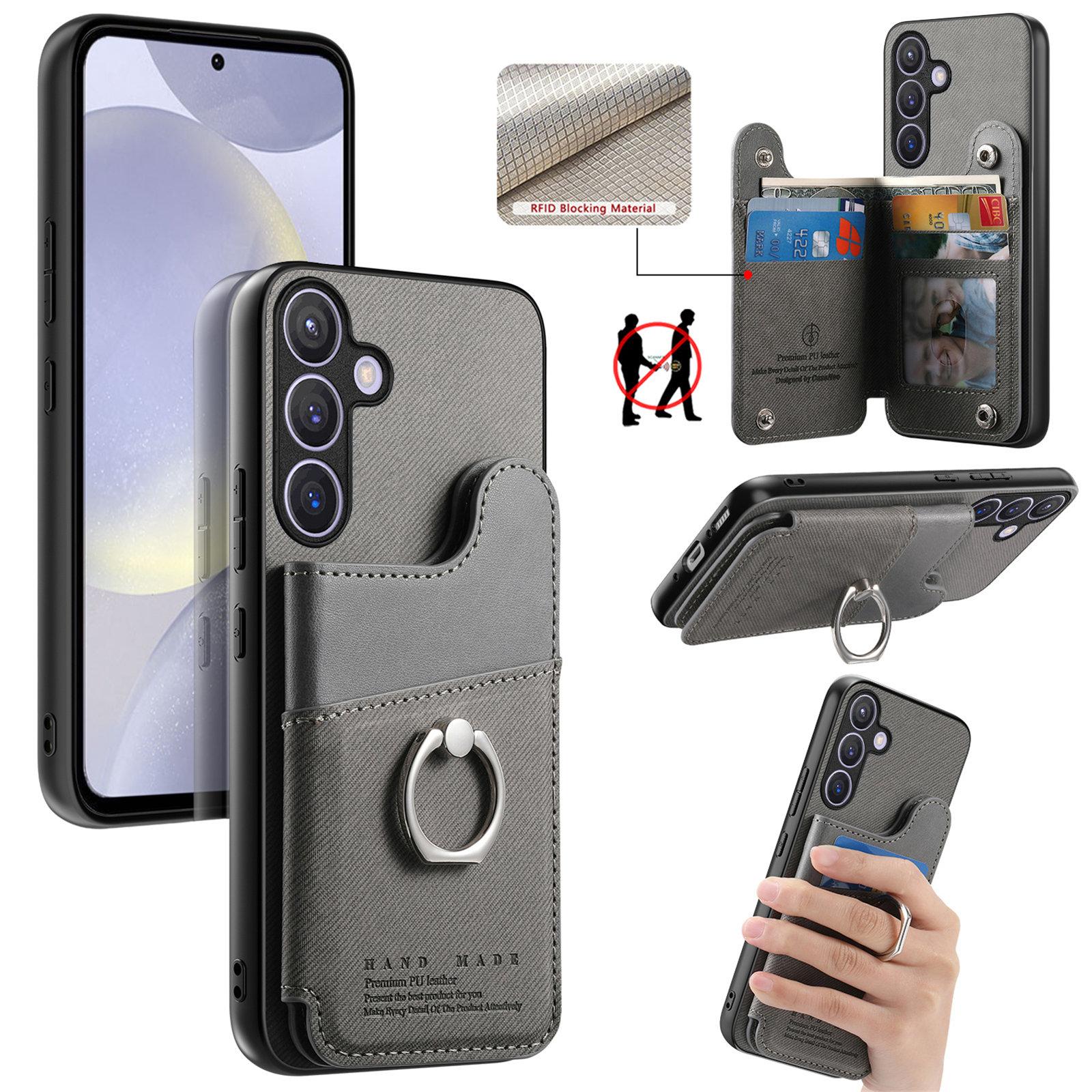 For Galaxy S24 5G Twill Fabric Ring Multi-card Wallet Vegan Leather Phone Case(Gray) - Shopkiz.com
