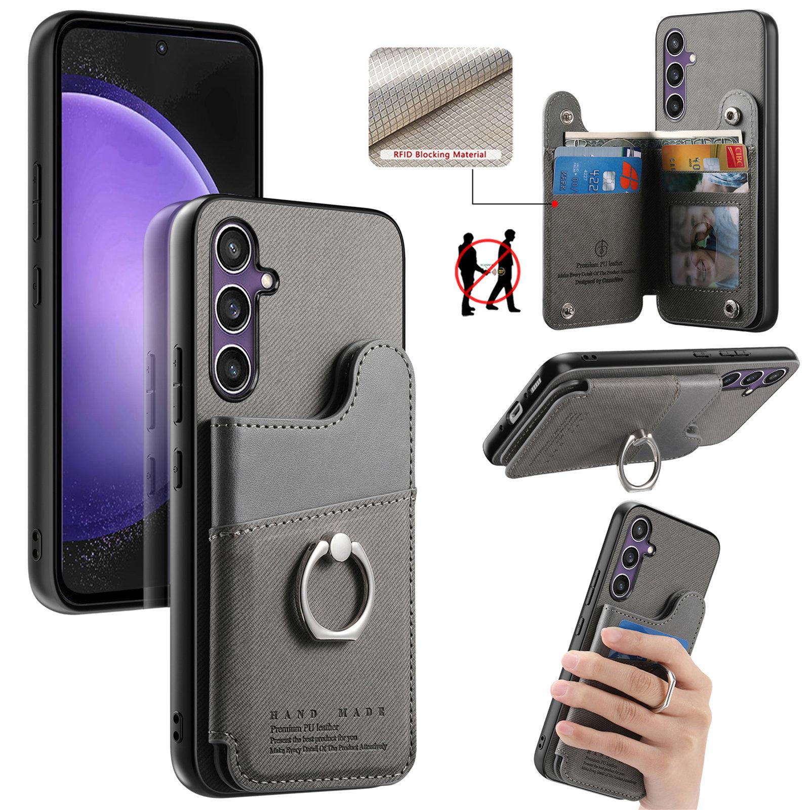 For Galaxy S23 FE 5G Twill Fabric Ring Multi-card Wallet Vegan Leather Phone Case(Gray) - Shopkiz.com