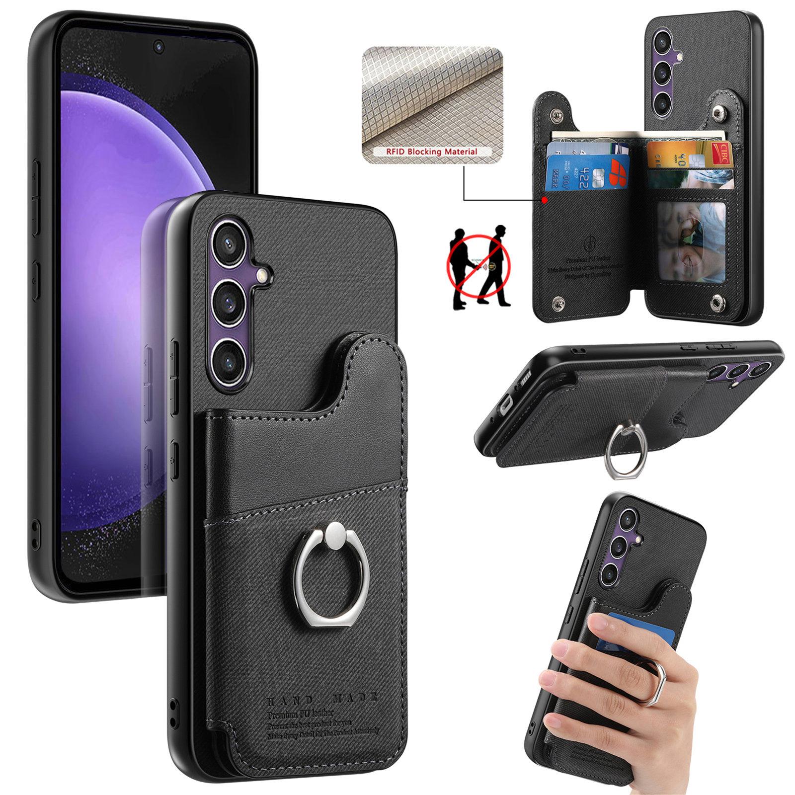 For Galaxy S23 FE 5G Twill Fabric Ring Multi-card Wallet Vegan Leather Phone Case(Black) - Shopkiz.com