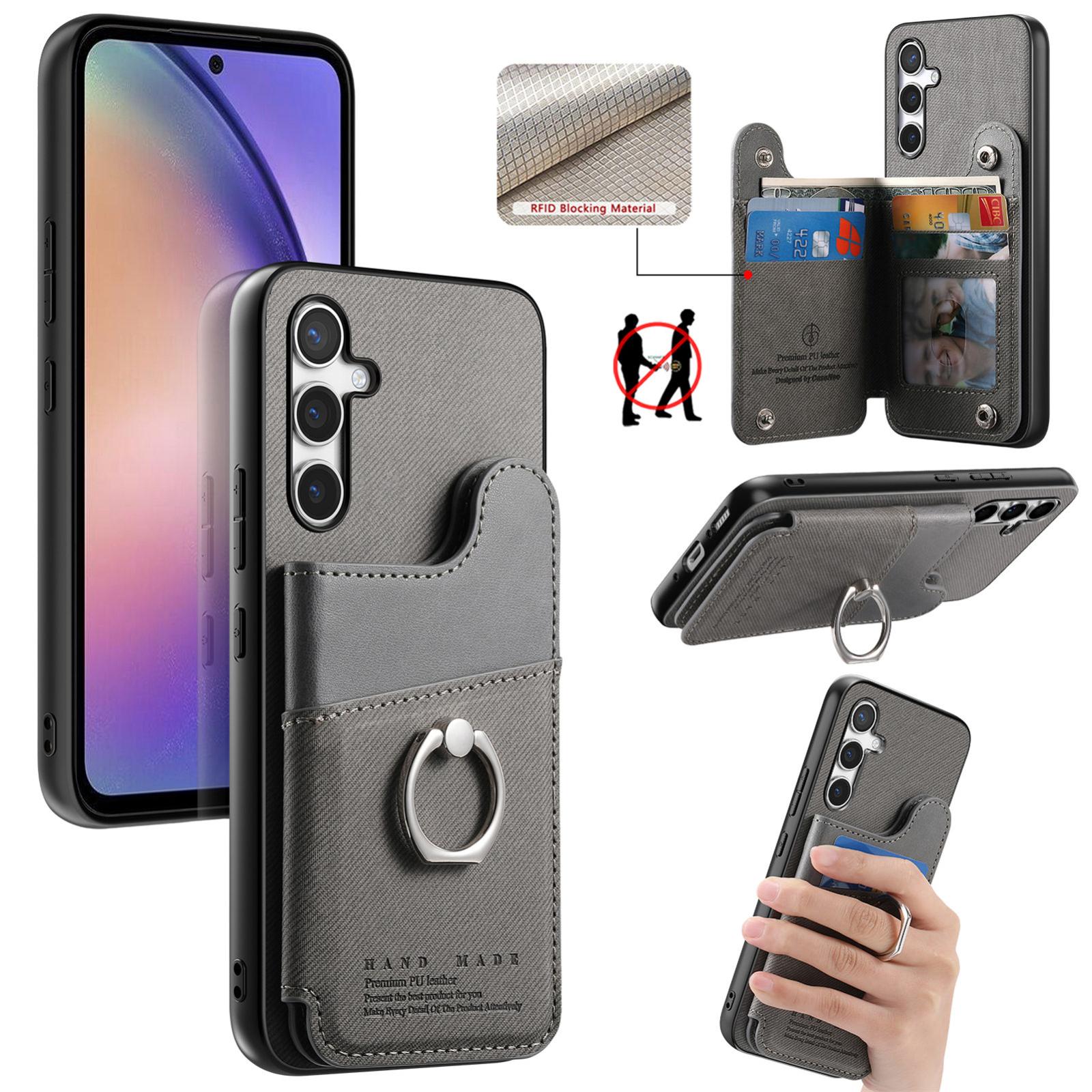 For Galaxy A54 5G Twill Fabric Ring Multi-card Wallet Vegan Leather Phone Case(Gray) - Shopkiz.com