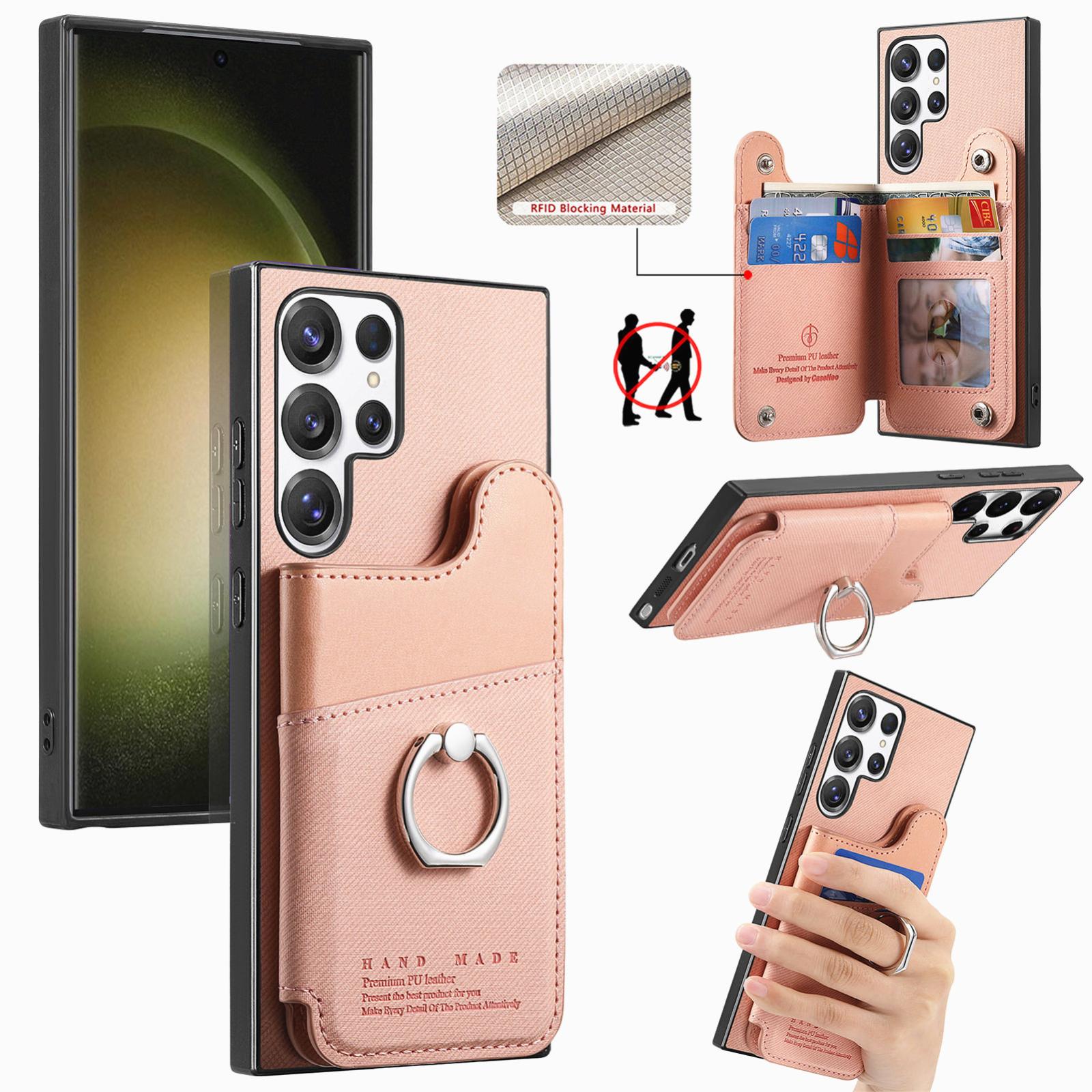 For Galaxy S23 Ultra 5G Twill Fabric Ring Multi-card Wallet Vegan Leather Phone Case(Pink) - Shopkiz.com