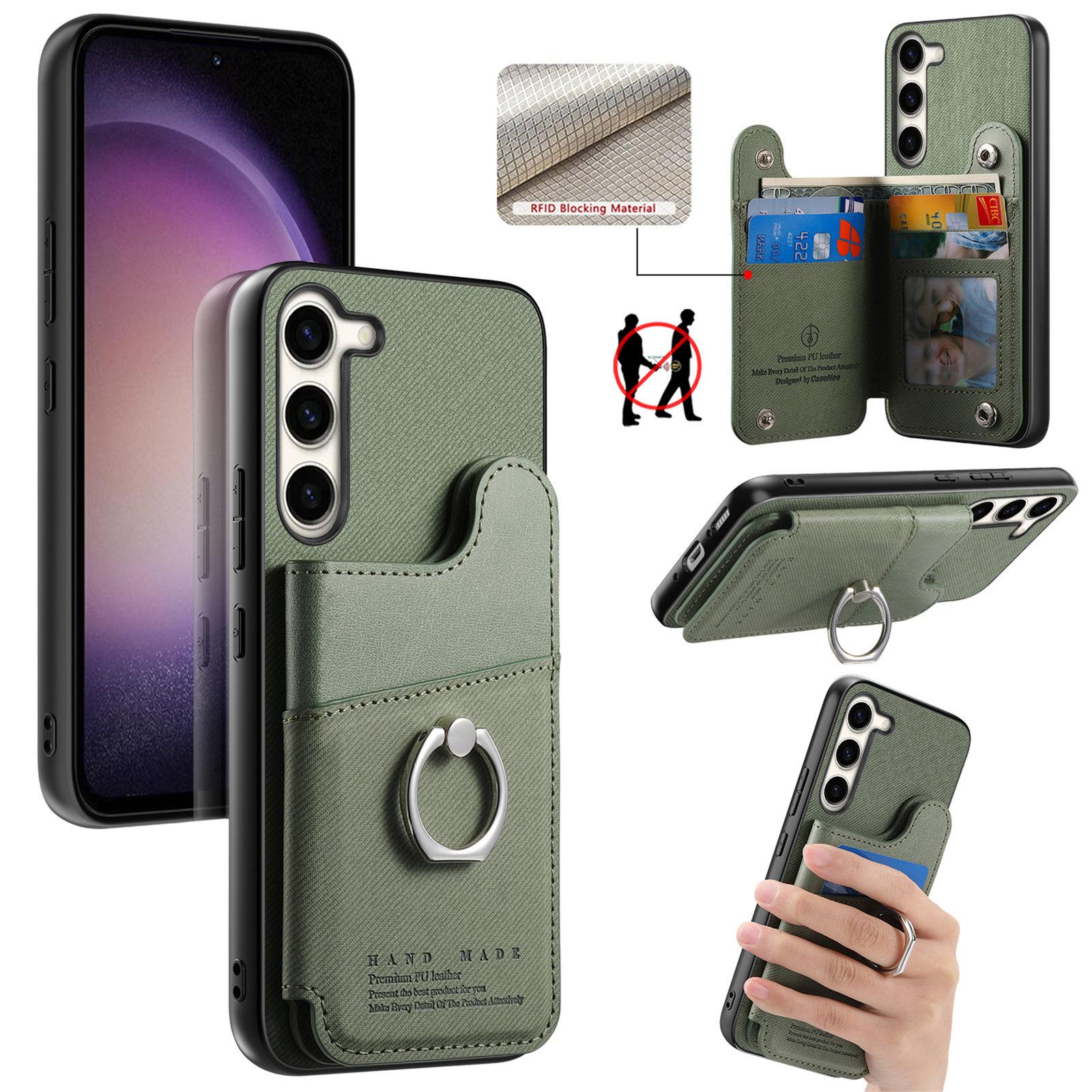 For Galaxy S23+ 5G Twill Fabric Ring Multi-card Wallet Vegan Leather Phone Case(Green) - Shopkiz.com