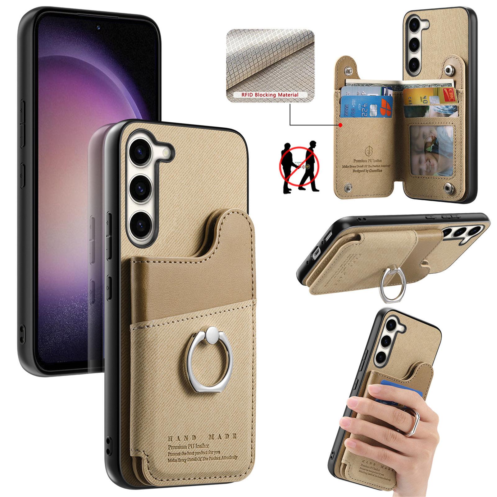 For Galaxy S23+ 5G Twill Fabric Ring Multi-card Wallet Vegan Leather Phone Case(Khaki) - Shopkiz.com