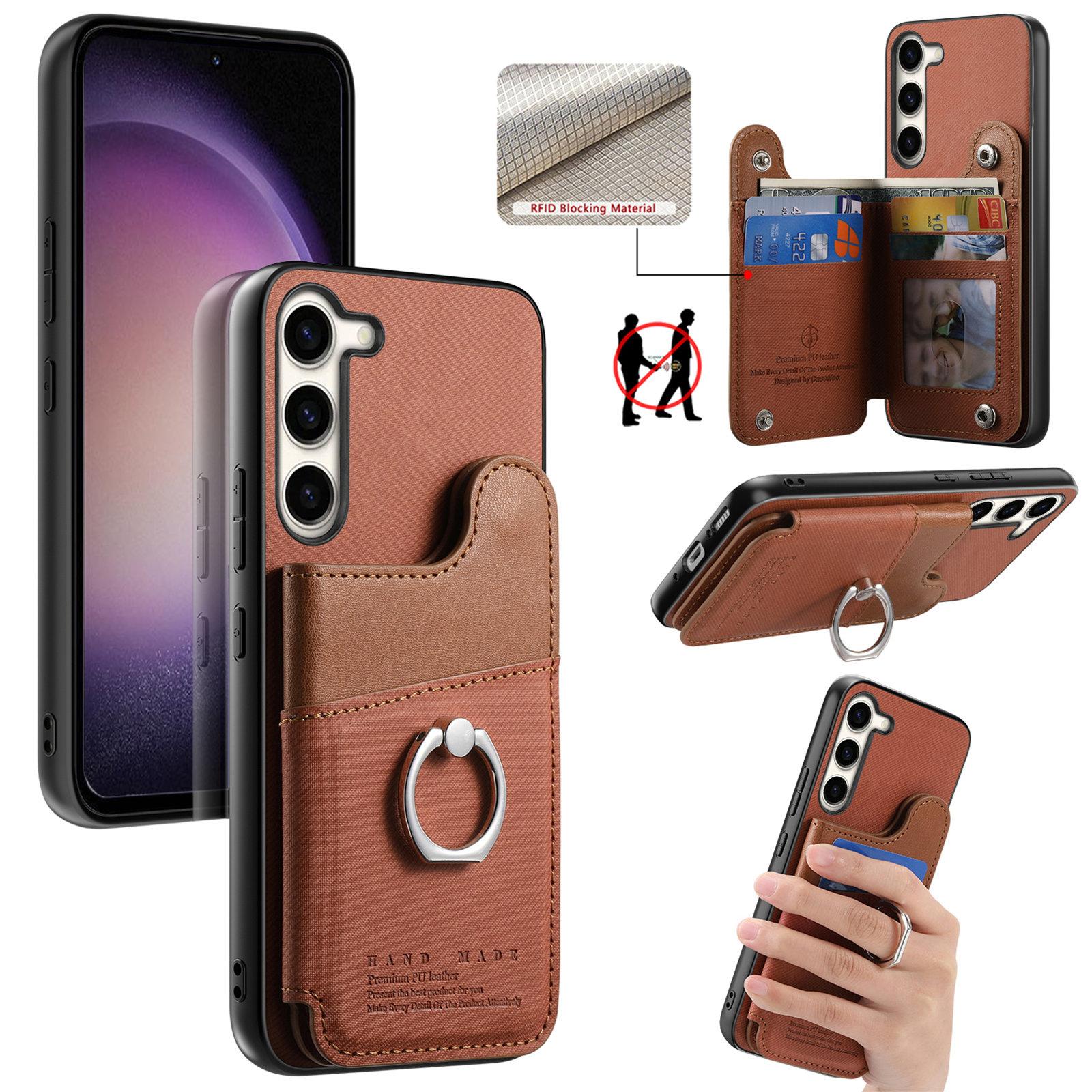For Galaxy S23 5G Twill Fabric Ring Multi-card Wallet Vegan Leather Phone Case(Brown) - Shopkiz.com