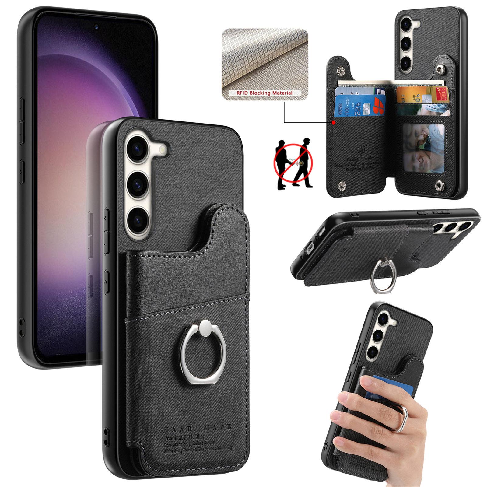 For Galaxy S23 5G Twill Fabric Ring Multi-card Wallet Vegan Leather Phone Case(Black) - Shopkiz.com
