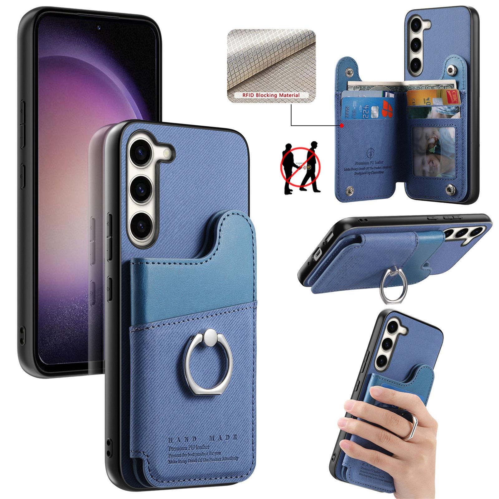 For Galaxy S23 5G Twill Fabric Ring Multi-card Wallet Vegan Leather Phone Case(Blue) - Shopkiz.com
