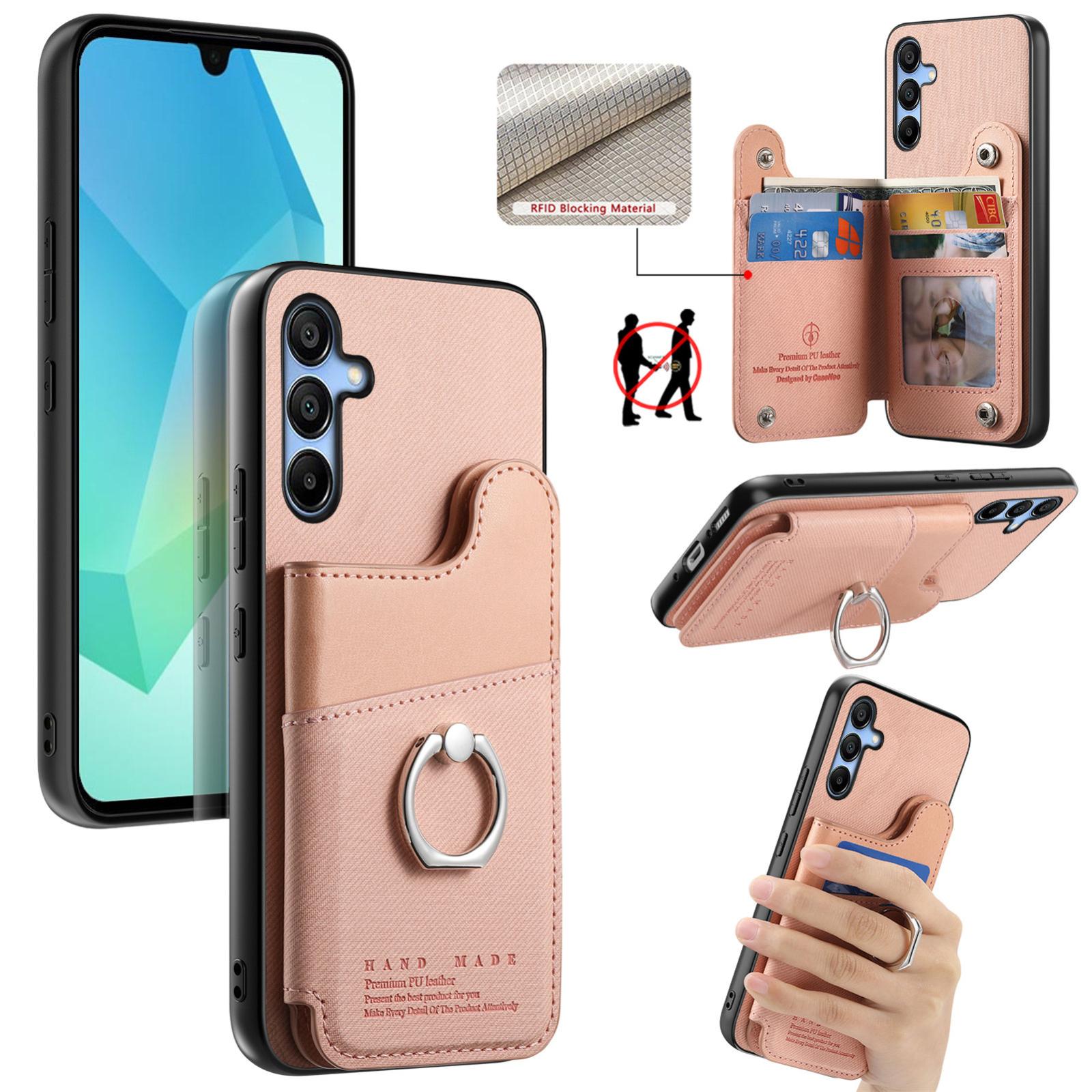 For Galaxy A17 Twill Fabric Ring Multi-card Wallet Vegan Leather Phone Case(Pink) - Shopkiz.com