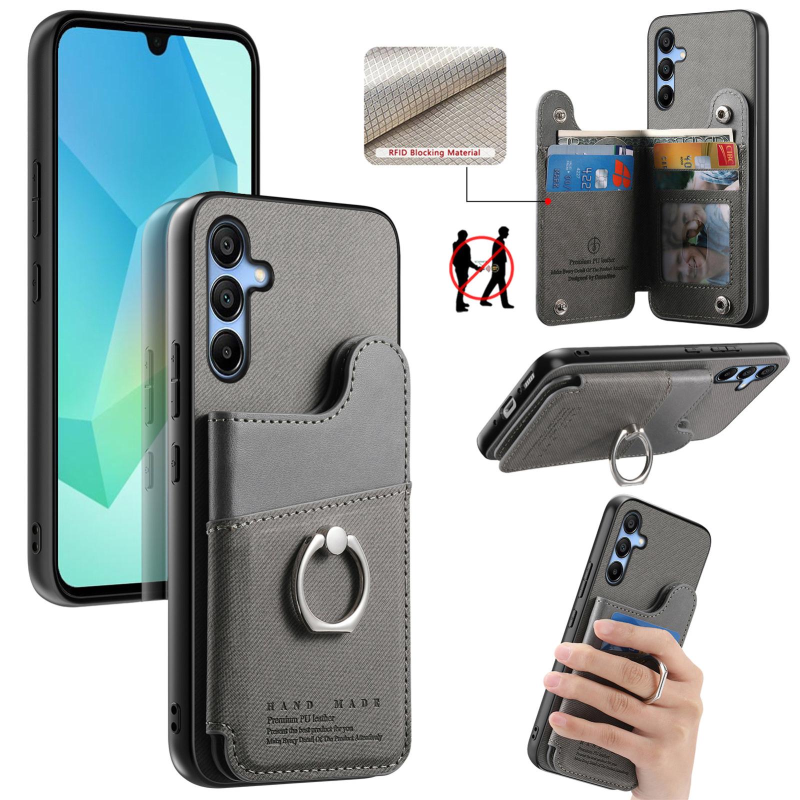 For Galaxy A17 Twill Fabric Ring Multi-card Wallet Vegan Leather Phone Case(Gray) - Shopkiz.com
