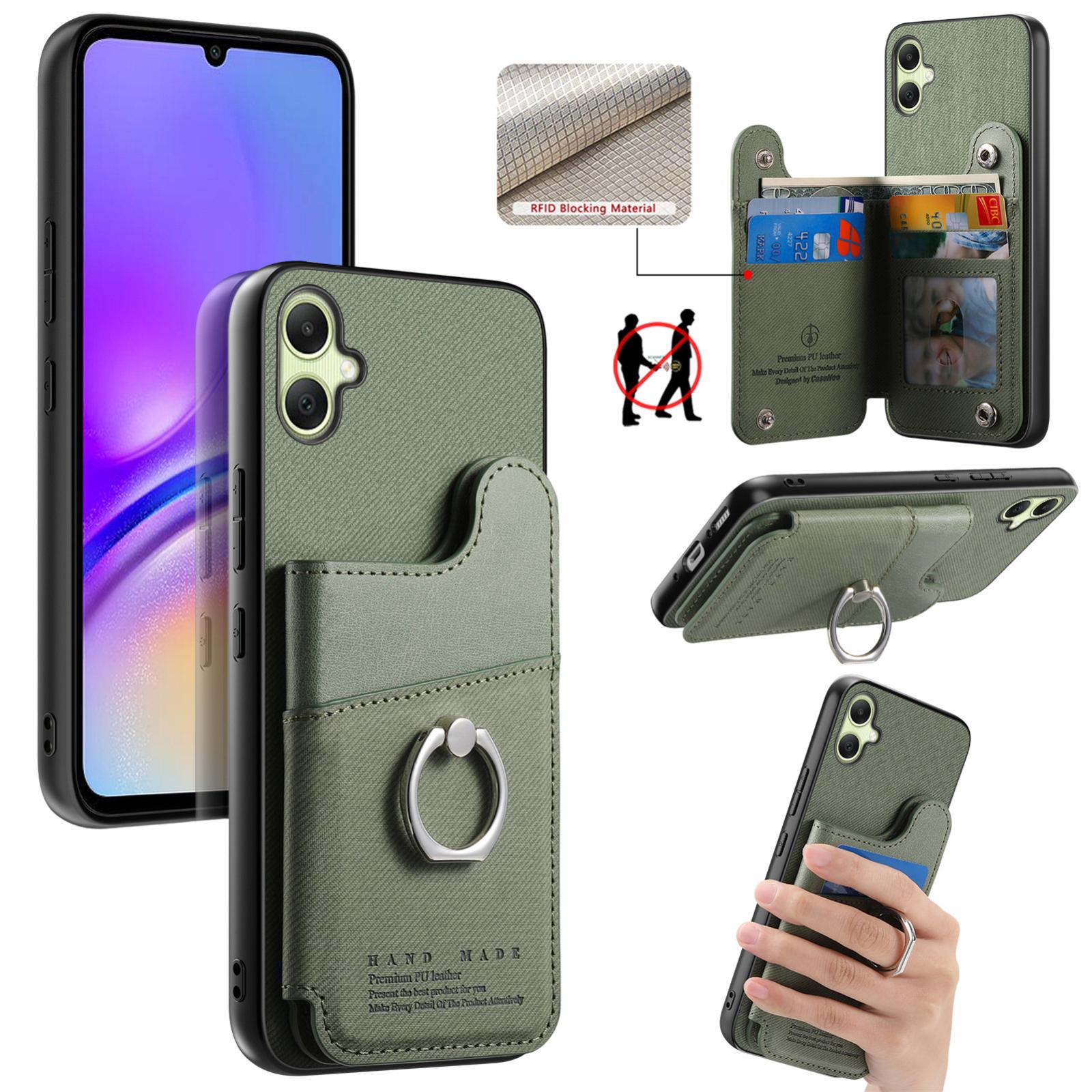 For Galaxy A07 Twill Fabric Ring Multi-card Wallet Vegan Leather Phone Case(Green) - Shopkiz.com