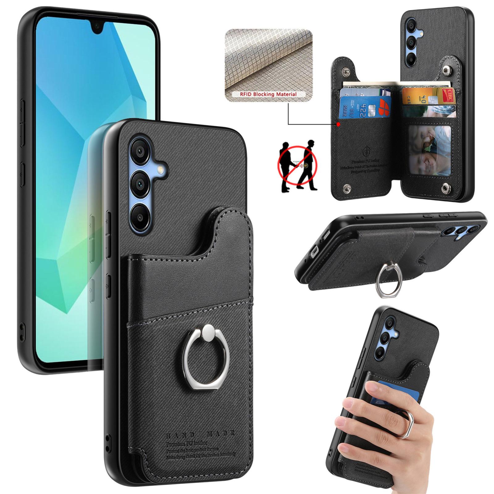 For Galaxy A16 Twill Fabric Ring Multi-card Wallet Vegan Leather Phone Case(Black) - Shopkiz.com