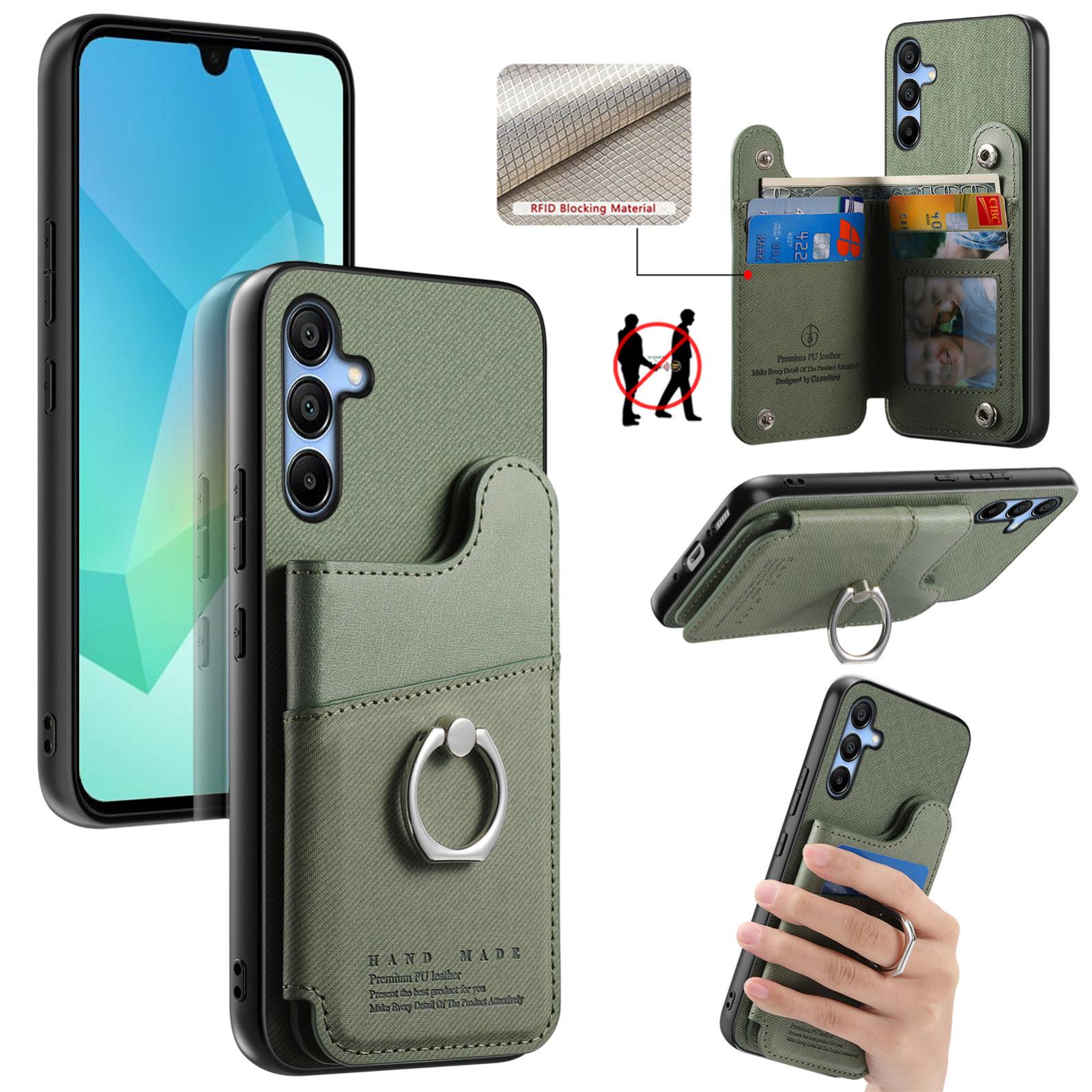 For Galaxy A16 Twill Fabric Ring Multi-card Wallet Vegan Leather Phone Case(Green) - Shopkiz.com