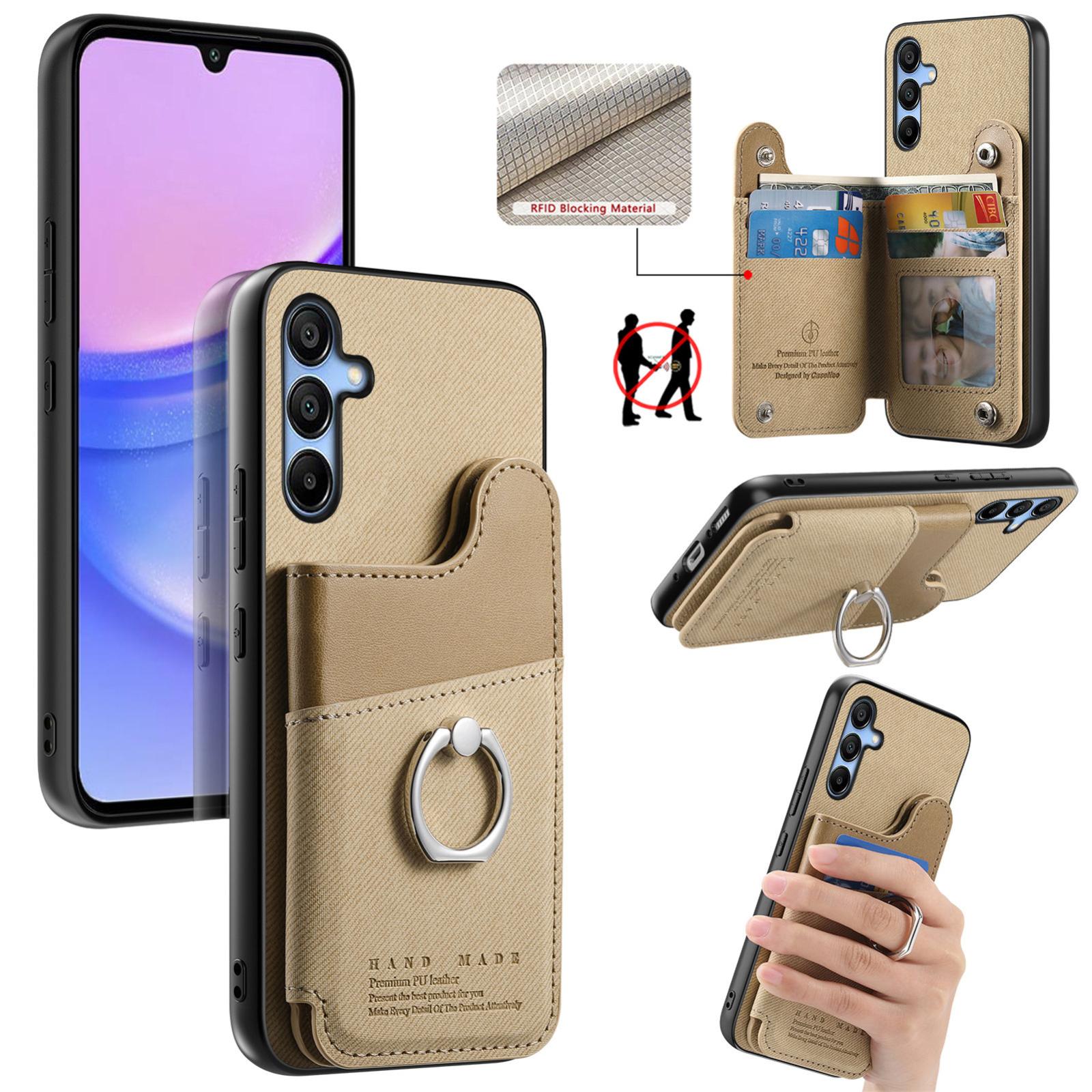 For Galaxy A15 Twill Fabric Ring Multi-card Wallet Vegan Leather Phone Case(Khaki) - Shopkiz.com