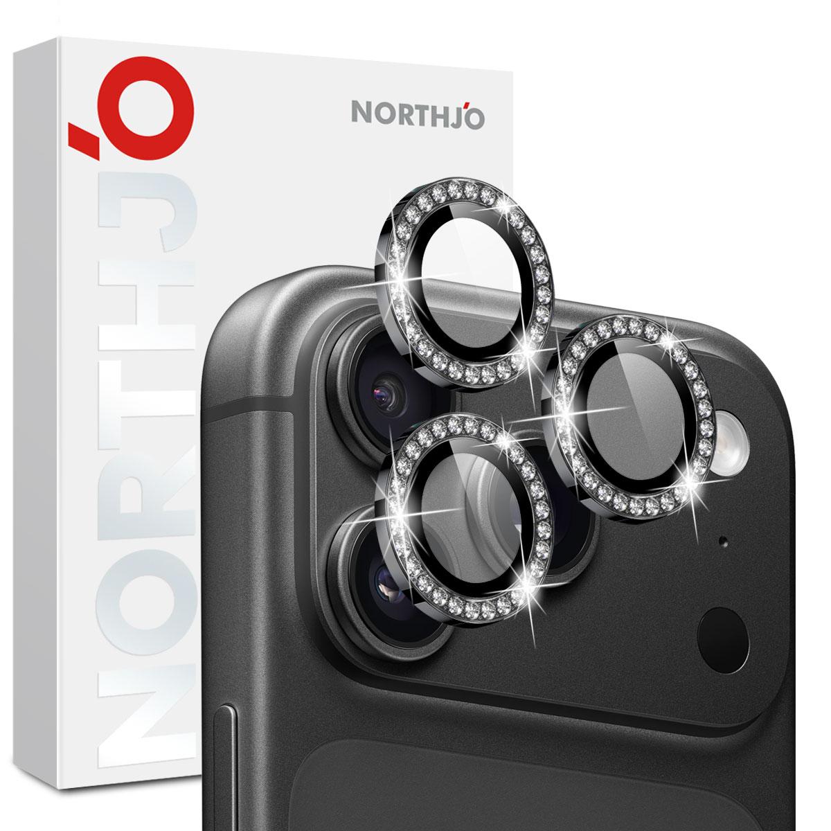 For iPhone 18 Pro / 18 Pro Max NORTHJO Rhinestone Camera Lens Protector Tempered Glass Metal Ring Film(Black) - Shopkiz.com