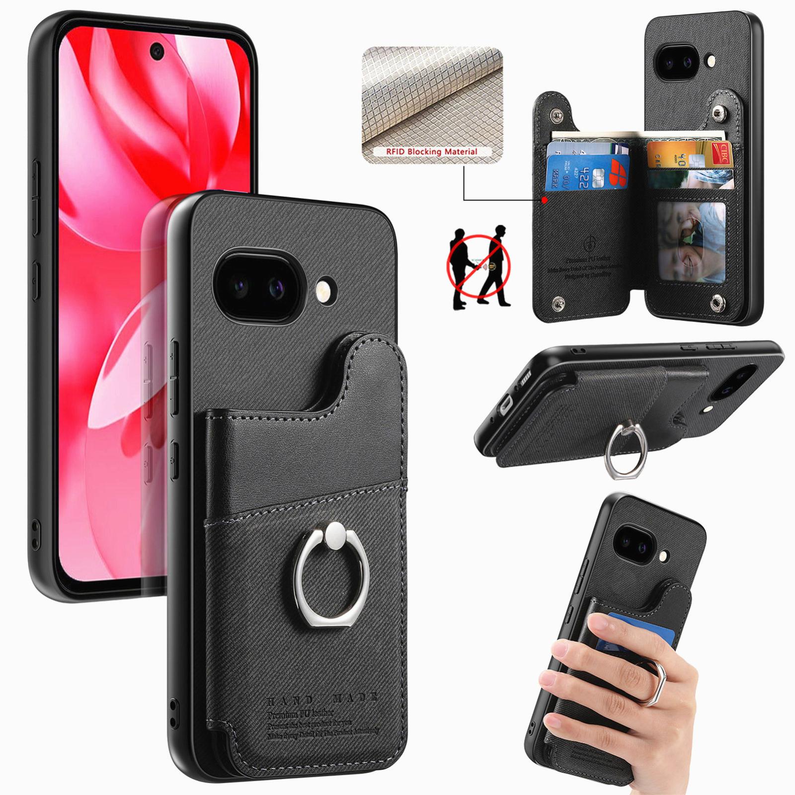 For Google Pixel 9a Twill Fabric Ring Multi-card Wallet Vegan Leather Phone Case(Black) - Shopkiz.com