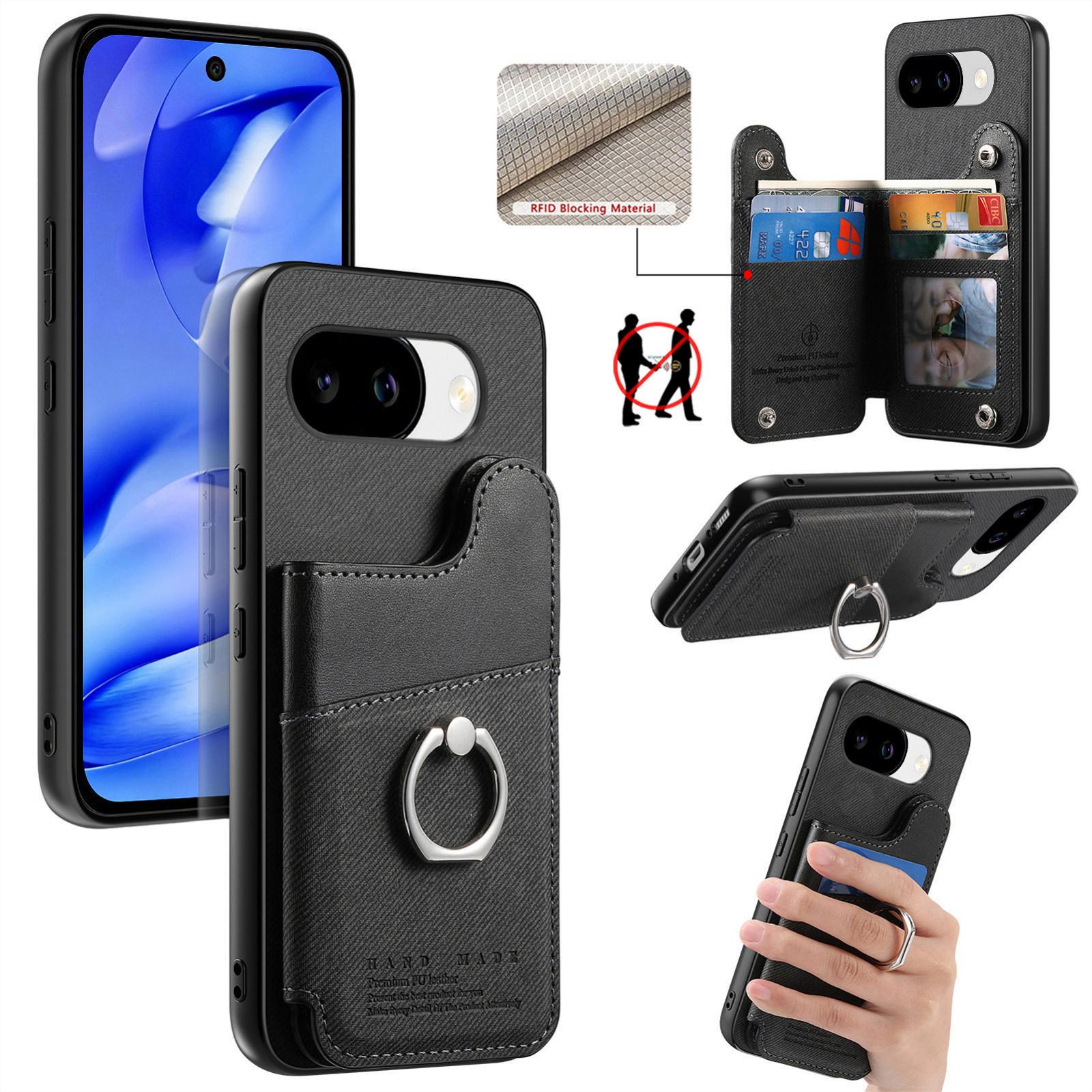 For Google Pixel 10a Twill Fabric Ring Multi-card Wallet Vegan Leather Phone Case(Black) - Shopkiz.com