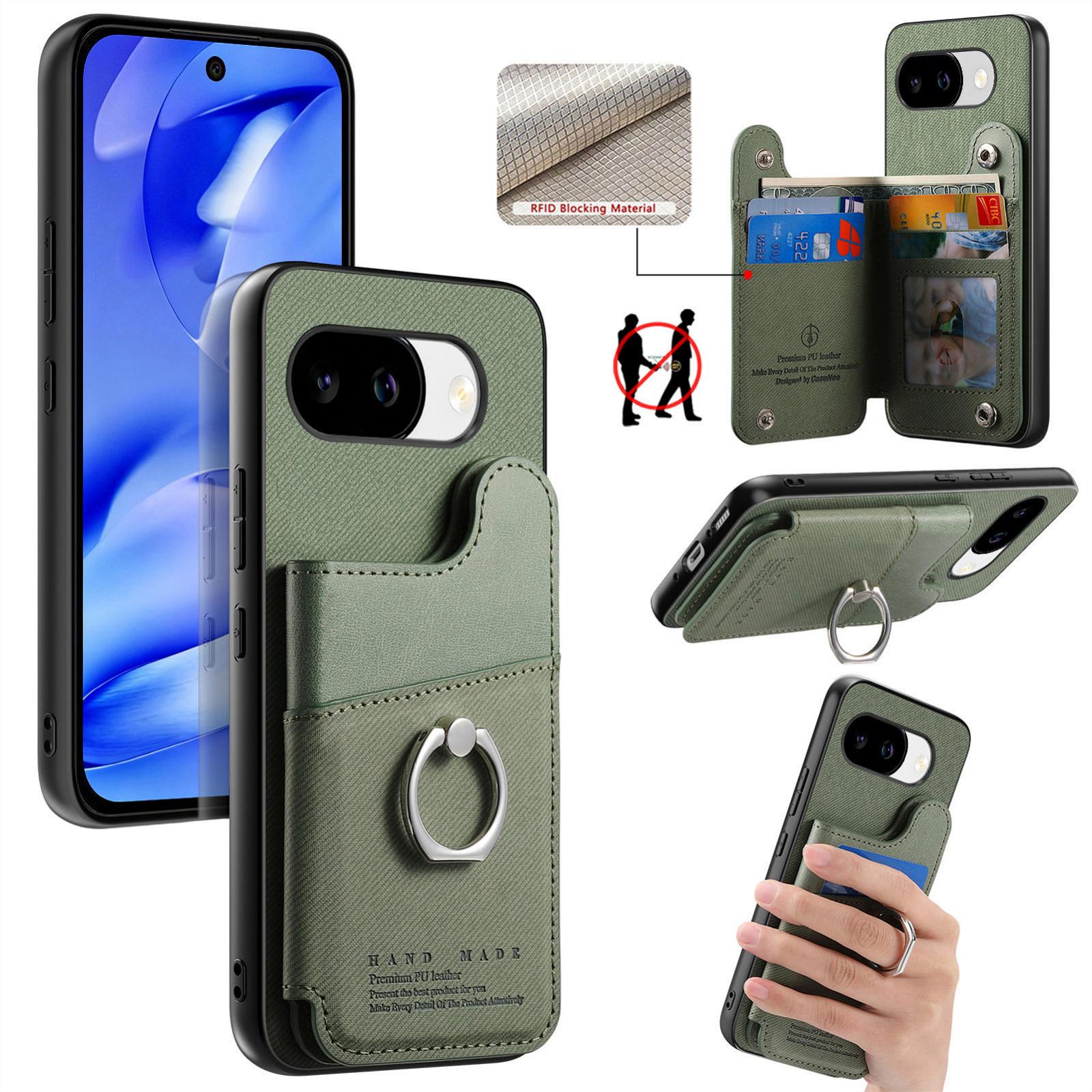For Google Pixel 10a Twill Fabric Ring Multi-card Wallet Vegan Leather Phone Case(Green) - Shopkiz.com