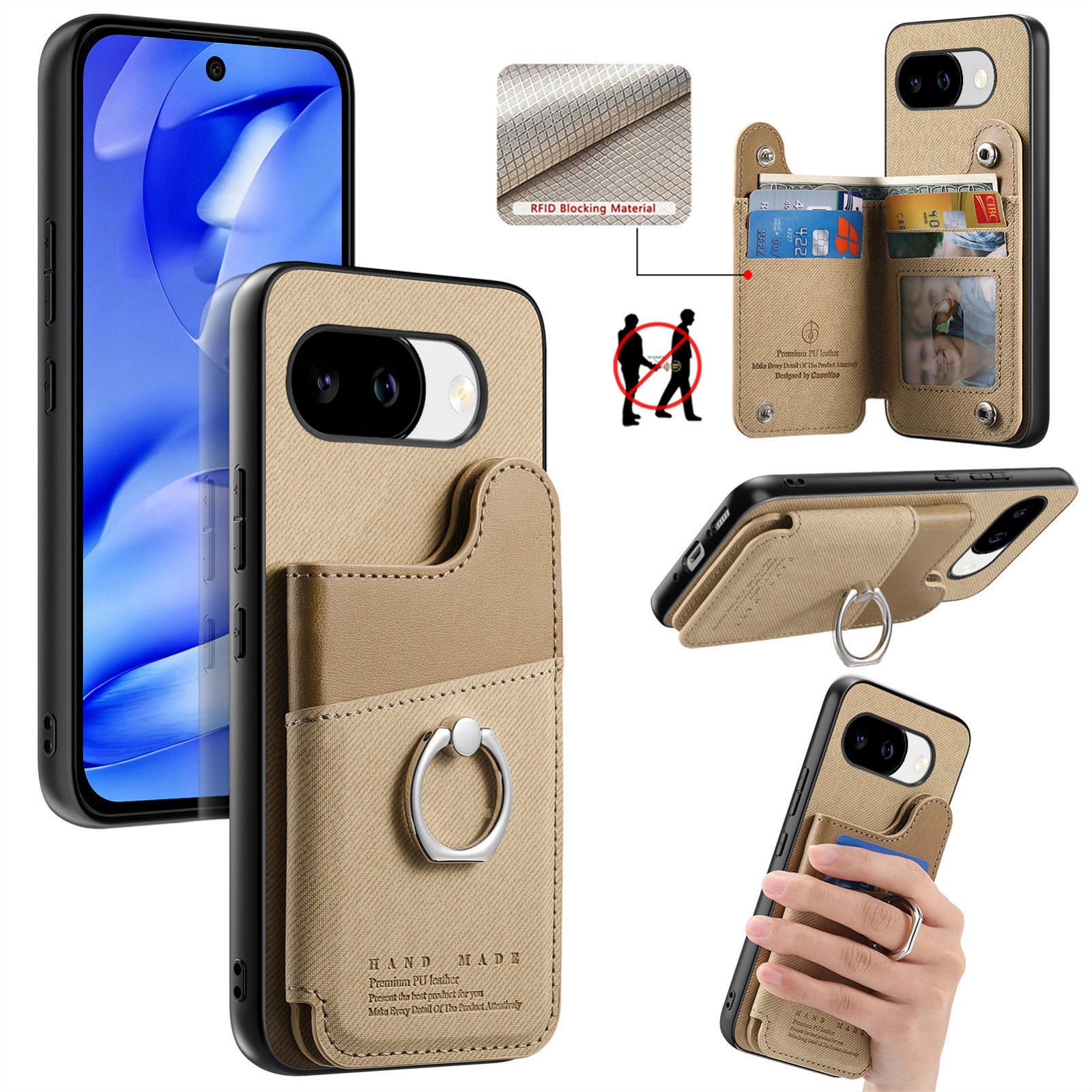 For Google Pixel 10a Twill Fabric Ring Multi-card Wallet Vegan Leather Phone Case(Khaki) - Shopkiz.com