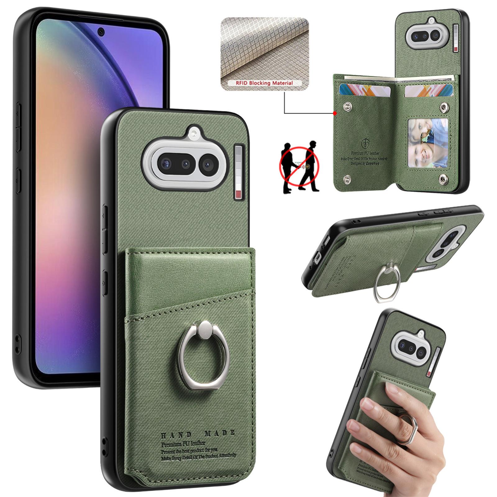 For Nothing Phone 4a Twill Fabric Ring Multi-card Wallet Vegan Leather Phone Case(Green) - Shopkiz.com