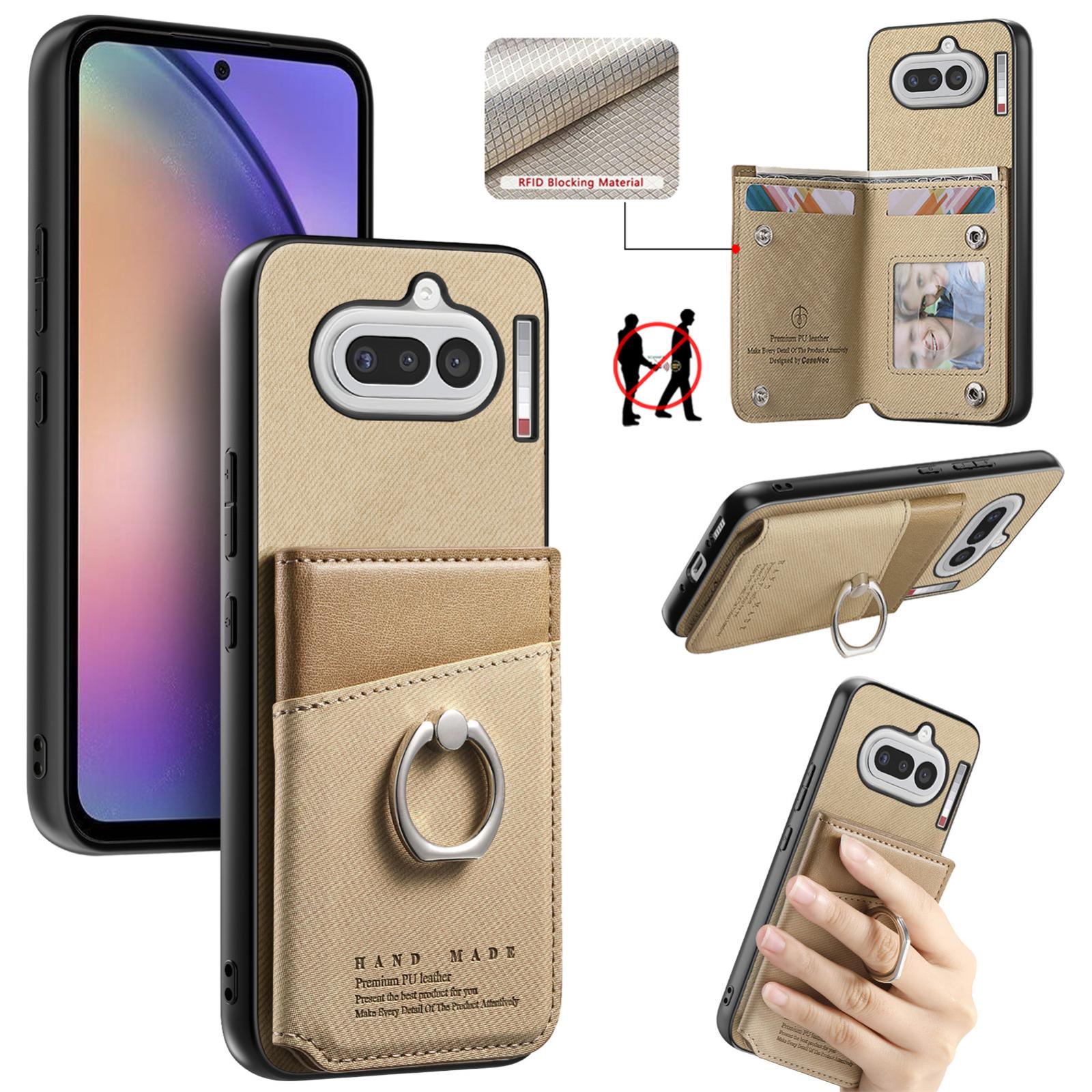 For Nothing Phone 4a Twill Fabric Ring Multi-card Wallet Vegan Leather Phone Case(Khaki) - Shopkiz.com