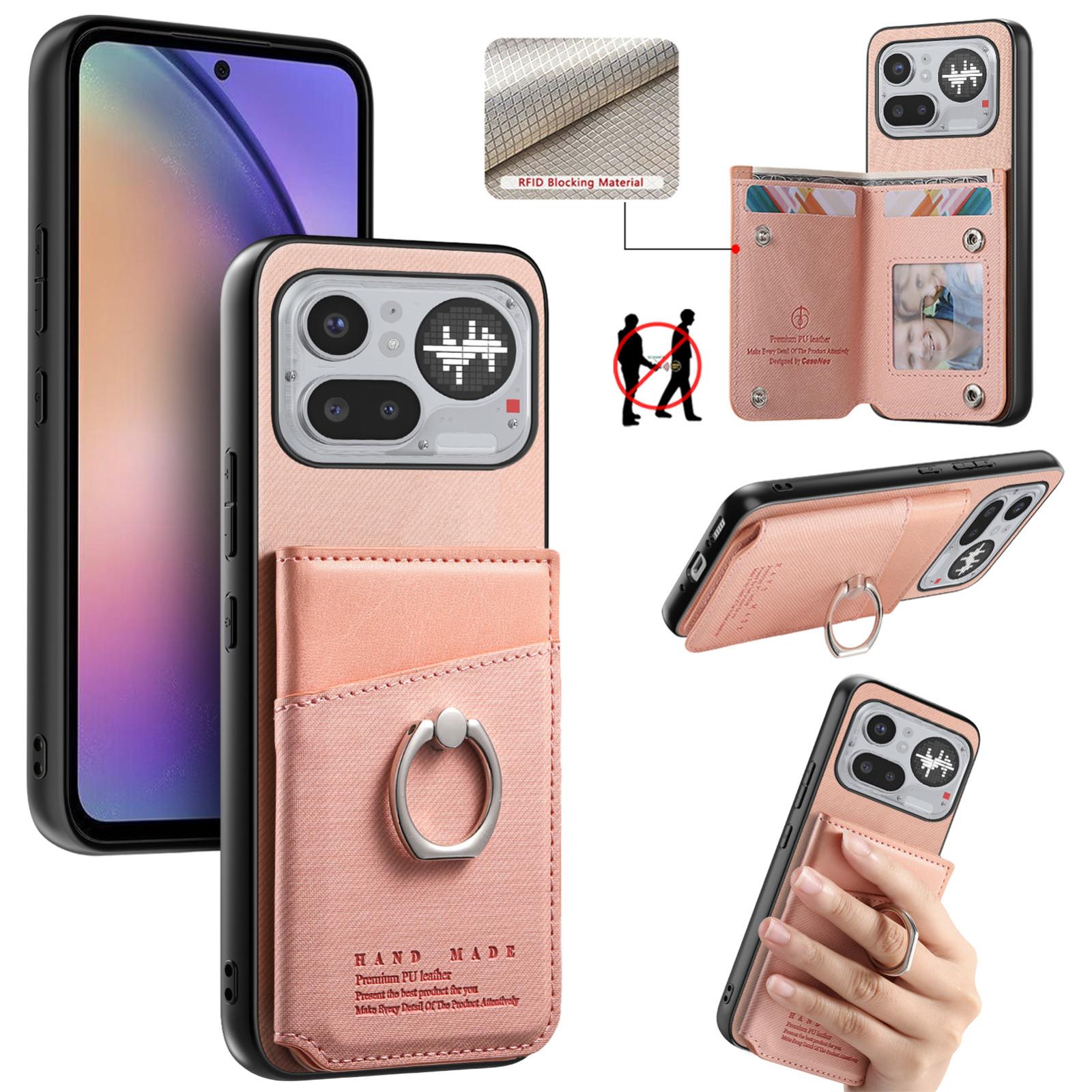 For Nothing Phone 4a Pro Twill Fabric Ring Multi-card Wallet Vegan Leather Phone Case(Pink) - Shopkiz.com