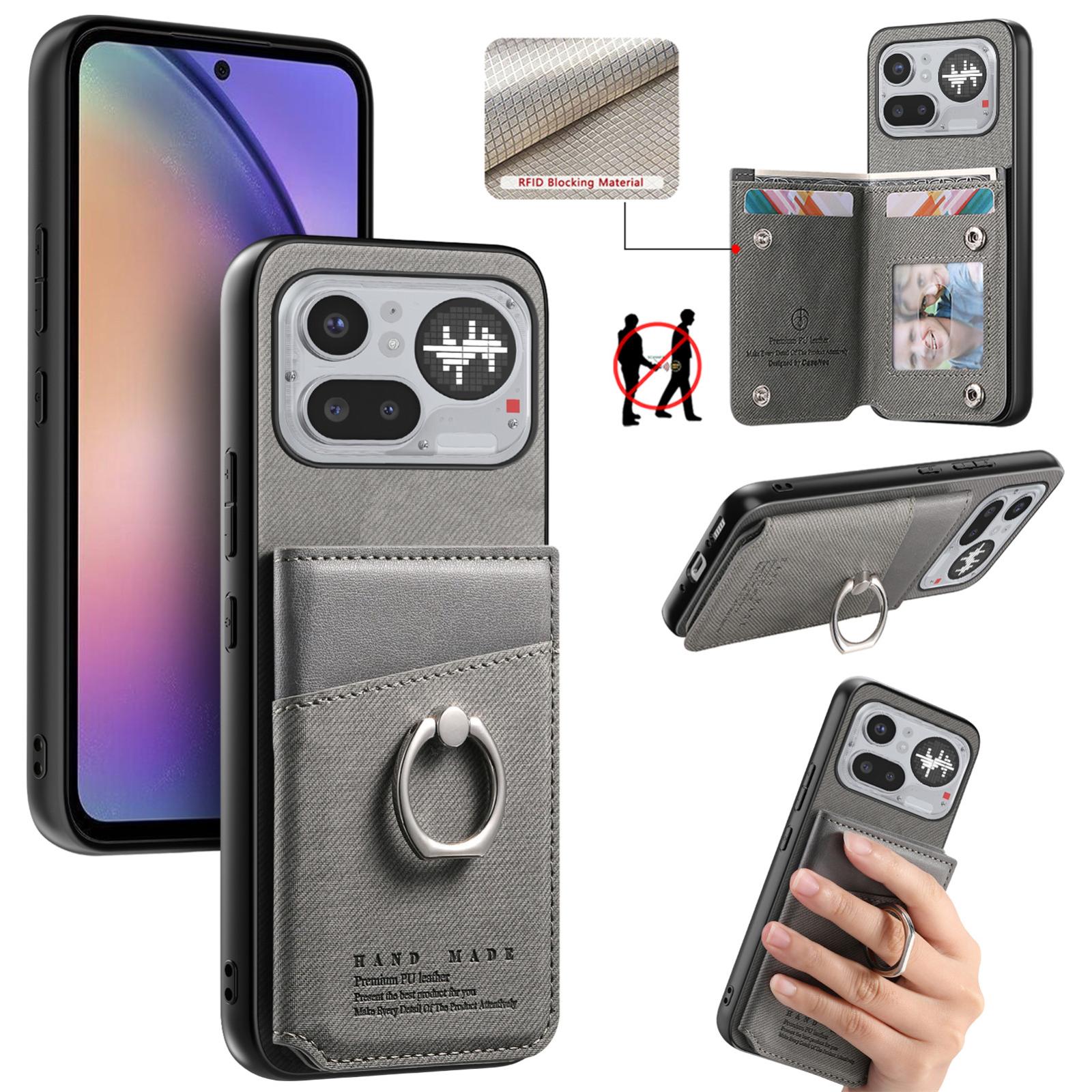 For Nothing Phone 4a Pro Twill Fabric Ring Multi-card Wallet Vegan Leather Phone Case(Gray) - Shopkiz.com