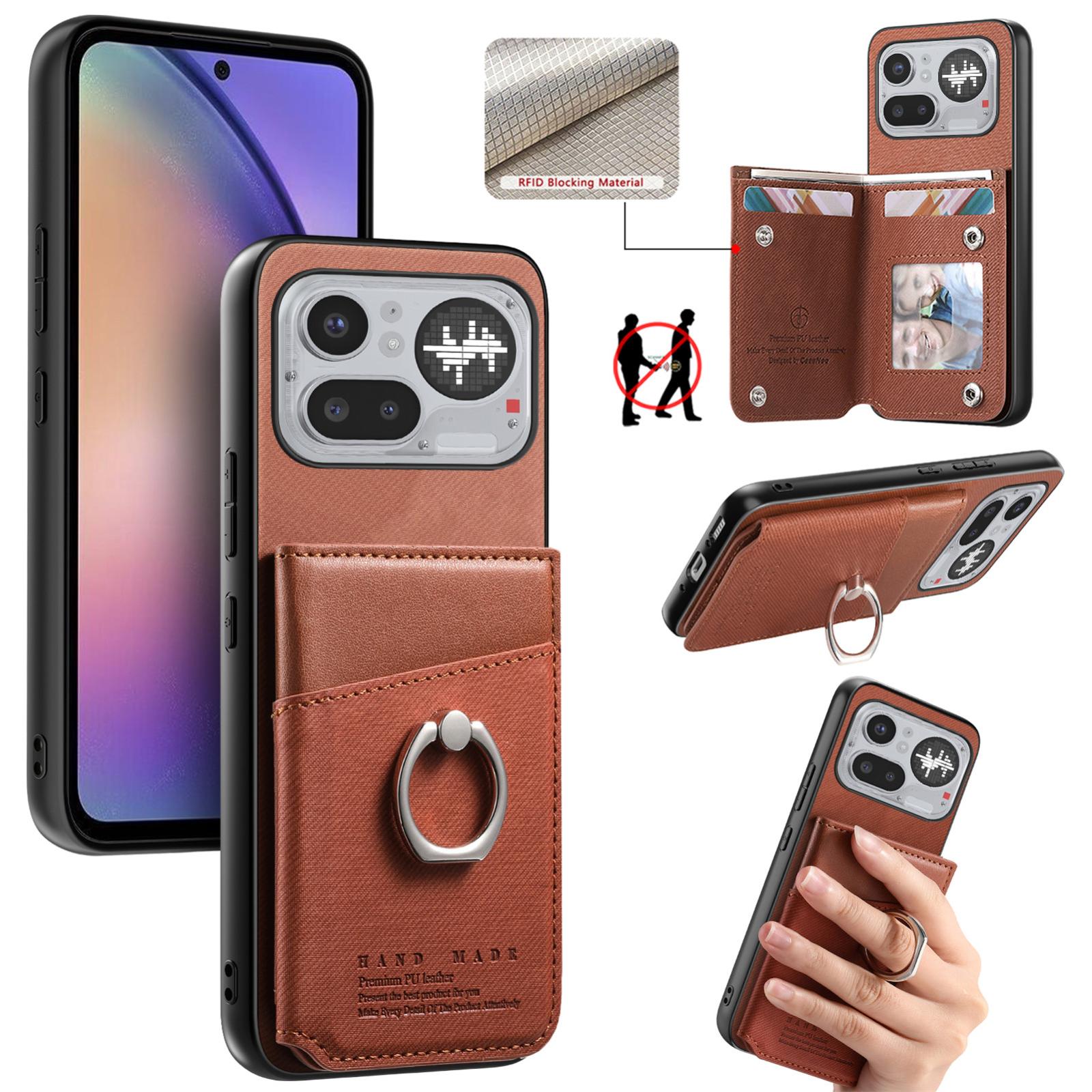 For Nothing Phone 4a Pro Twill Fabric Ring Multi-card Wallet Vegan Leather Phone Case(Brown) - Shopkiz.com