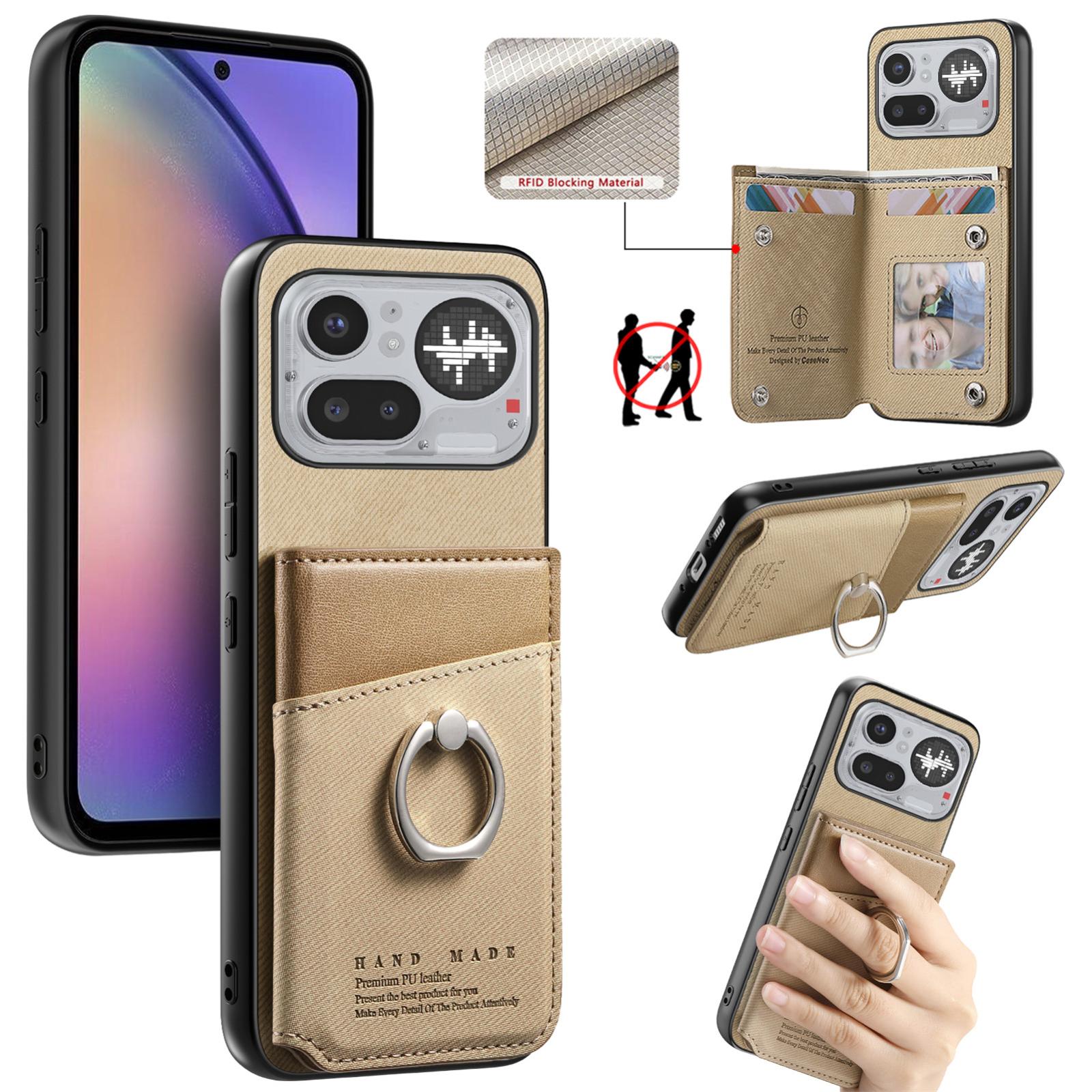 For Nothing Phone 4a Pro Twill Fabric Ring Multi-card Wallet Vegan Leather Phone Case(Khaki) - Shopkiz.com