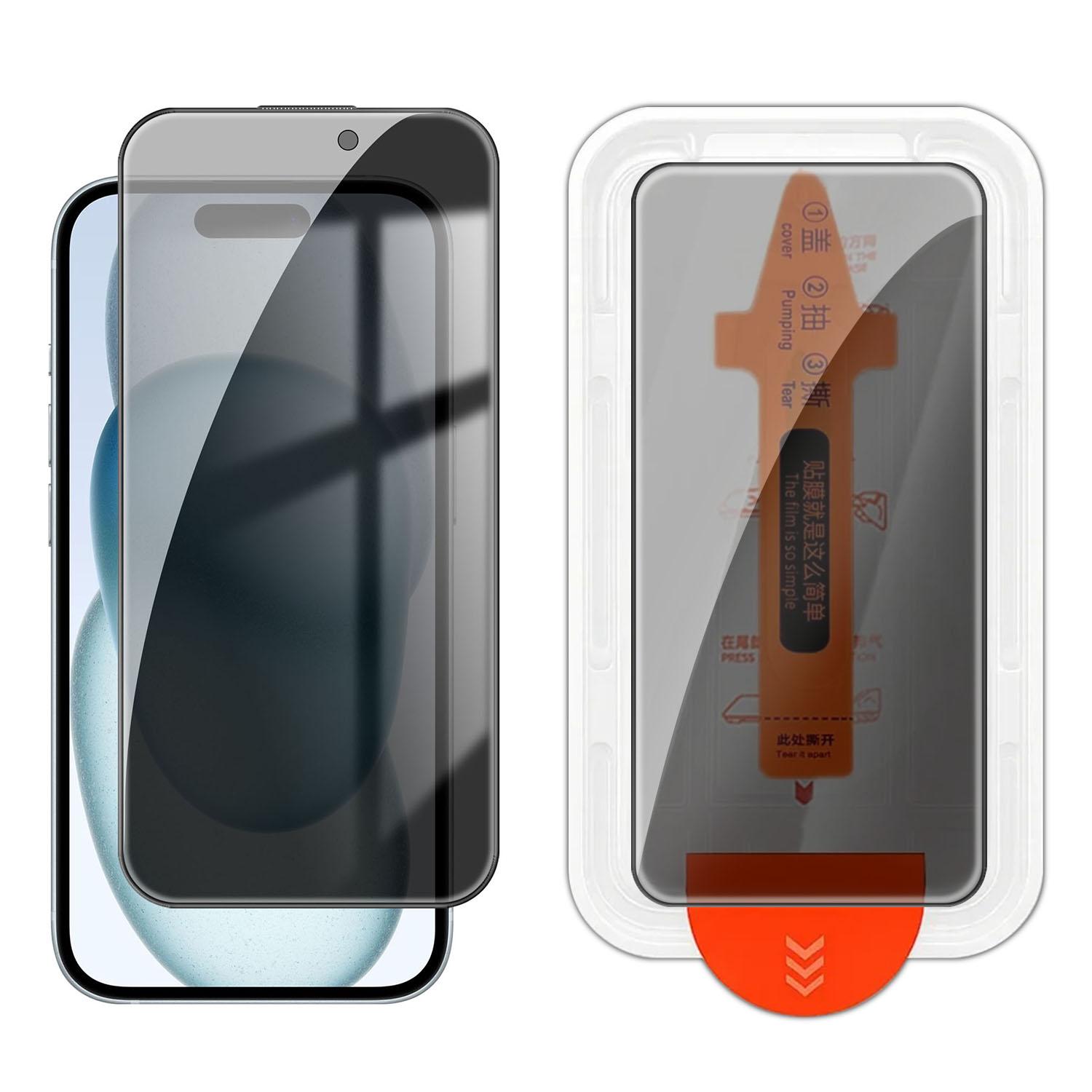 For iPhone 15 Plus Easy Install Box Dust-Free Screen-Printed Privacy Tempered Glass Film - Shopkiz.com
