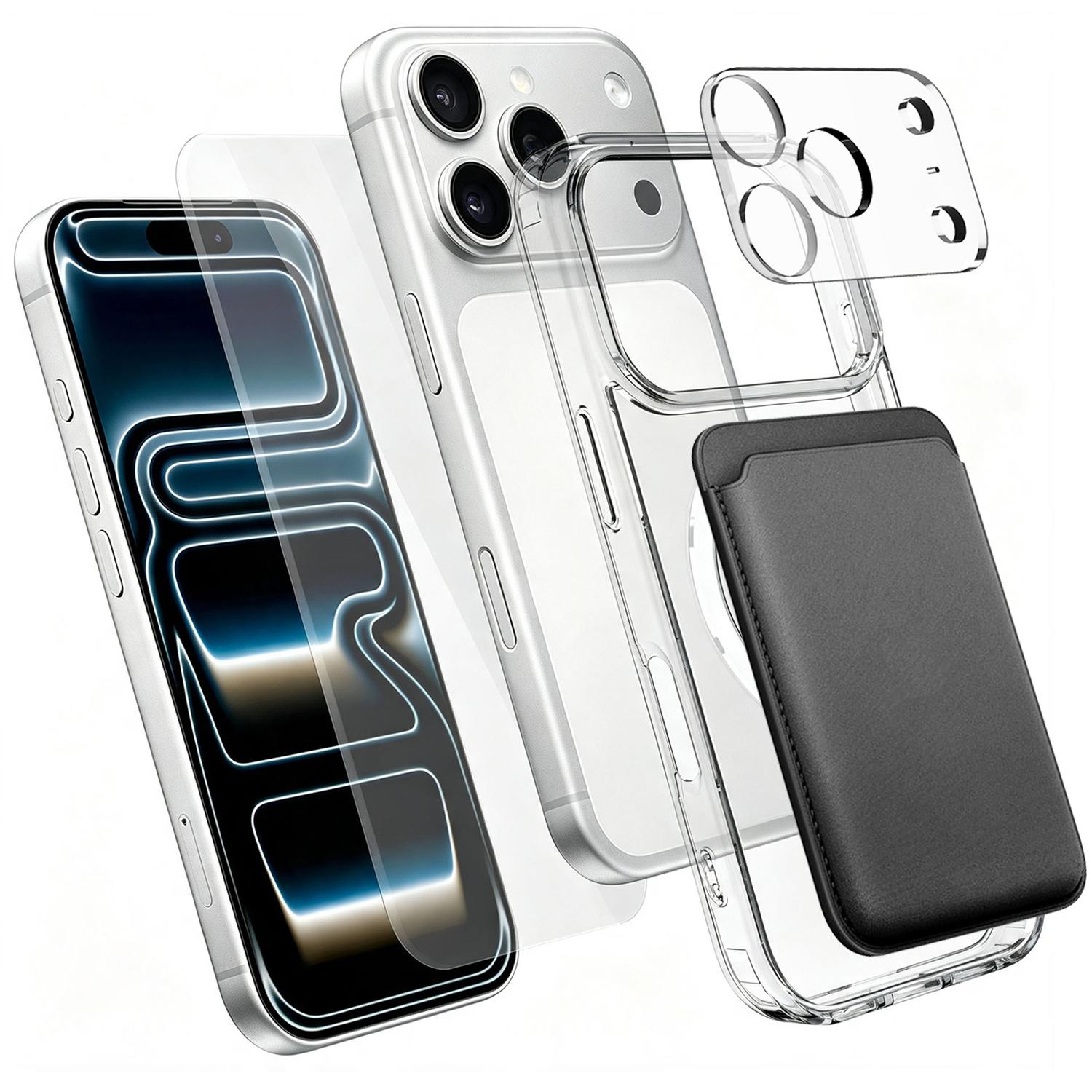 4 in 1 Set Clear Magnetic Phone Case with Screen Film + Lens Protector + Card Bag For iPhone 18 Pro Max(Transparent) - Shopkiz.com