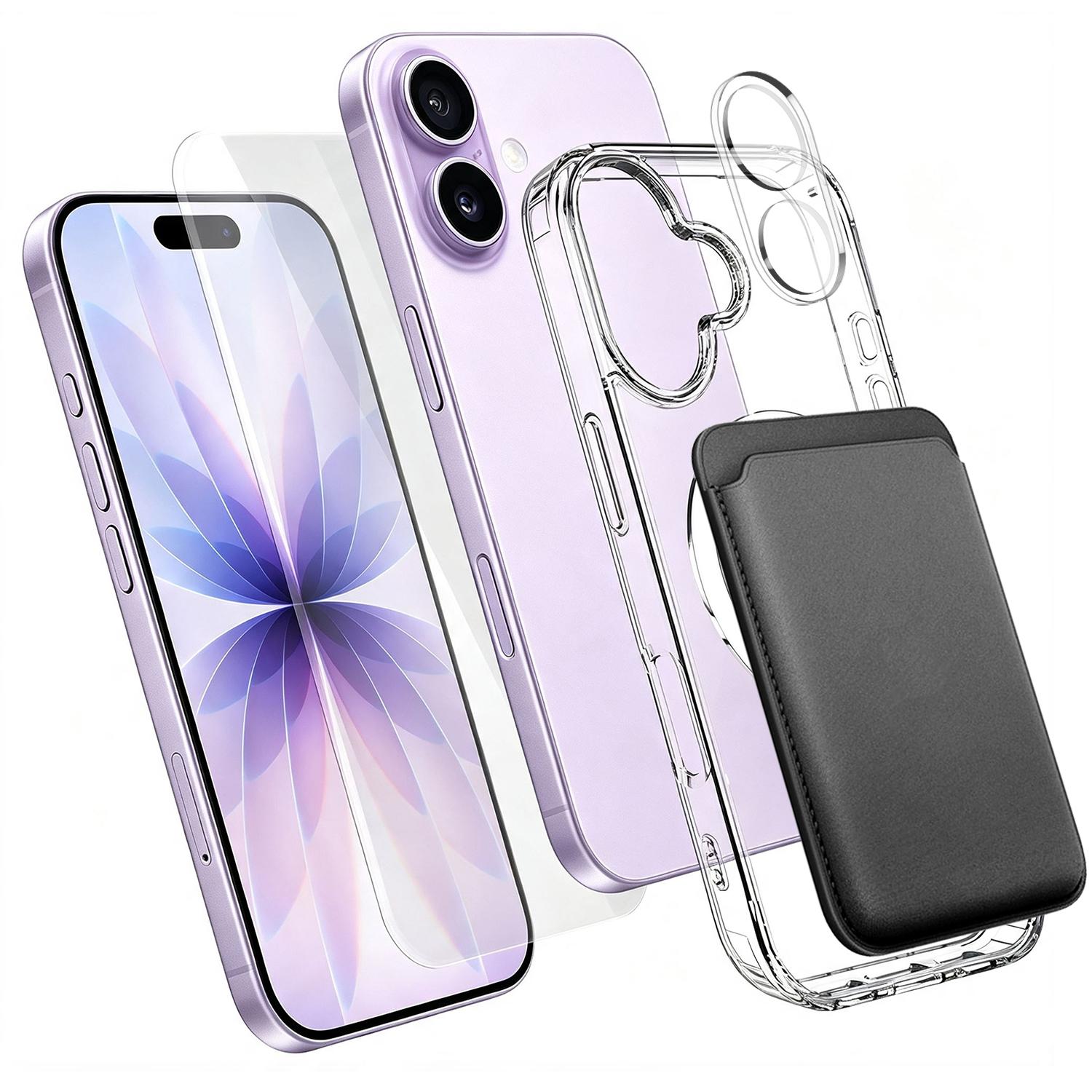 4 in 1 Set Clear Magnetic Phone Case with Screen Film + Lens Protector + Card Bag For iPhone 17(Transparent) - Shopkiz.com