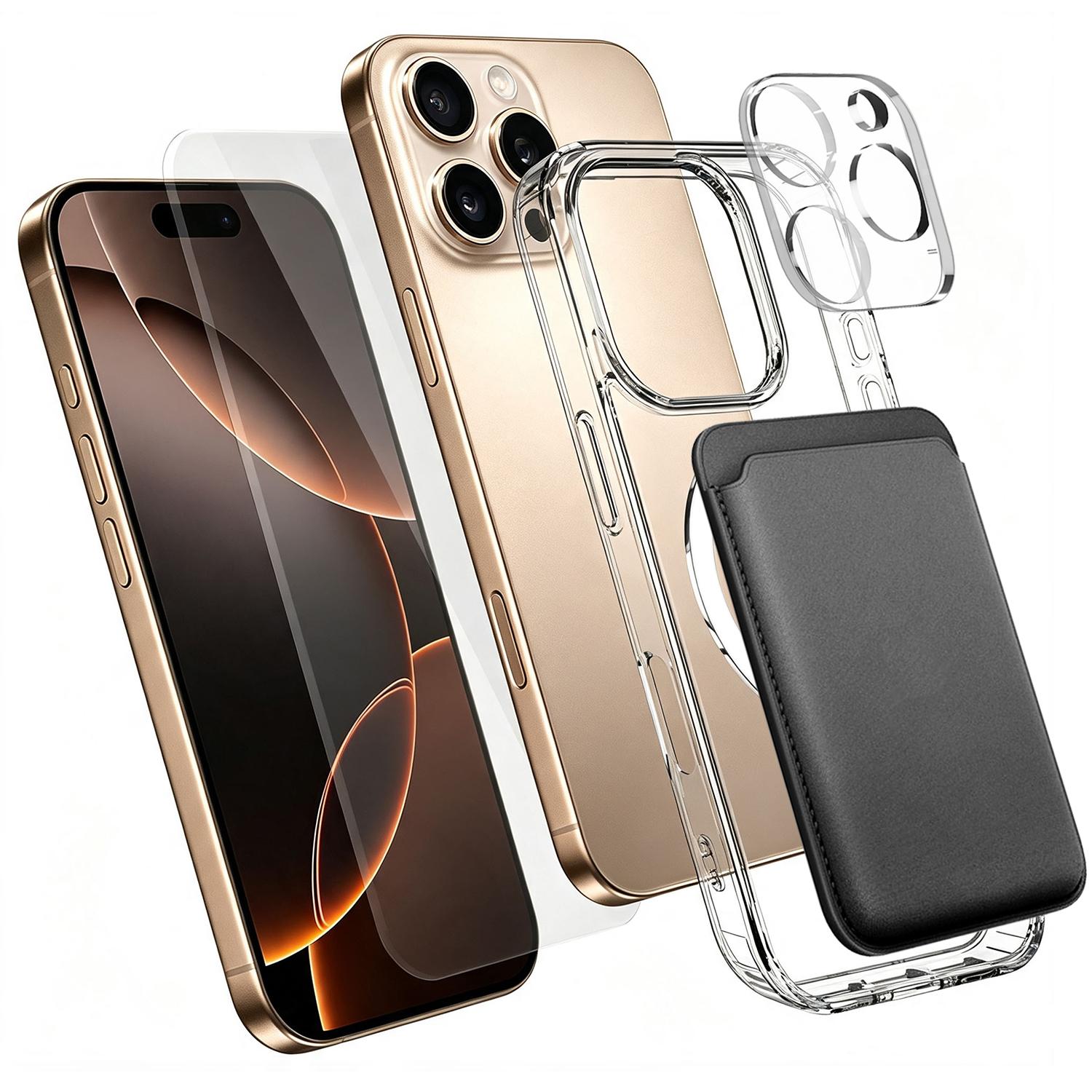4 in 1 Set Clear Magnetic Phone Case with Screen Film + Lens Protector + Card Bag For iPhone 16 Pro Max(Transparent) - Shopkiz.com