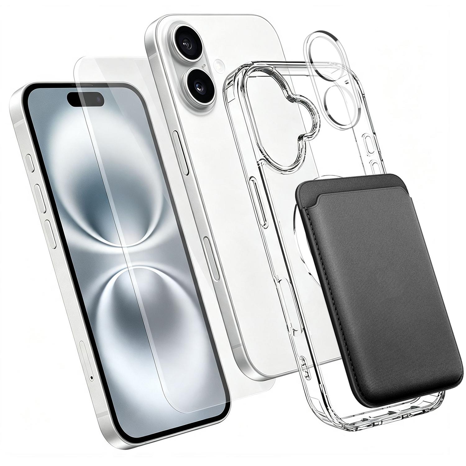 4 in 1 Set Clear Magnetic Phone Case with Screen Film + Lens Protector + Card Bag For iPhone 16(Transparent) - Shopkiz.com