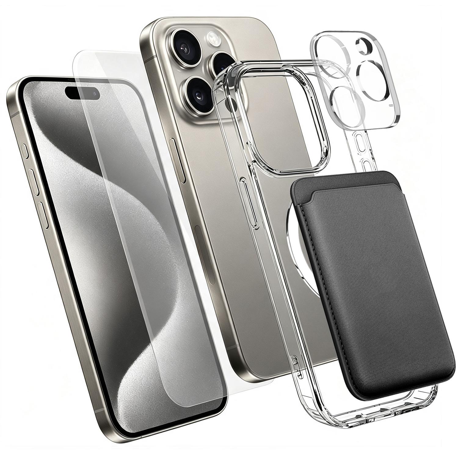 4 in 1 Set Clear Magnetic Phone Case with Screen Film + Lens Protector + Card Bag For iPhone 15 Pro(Transparent) - Shopkiz.com